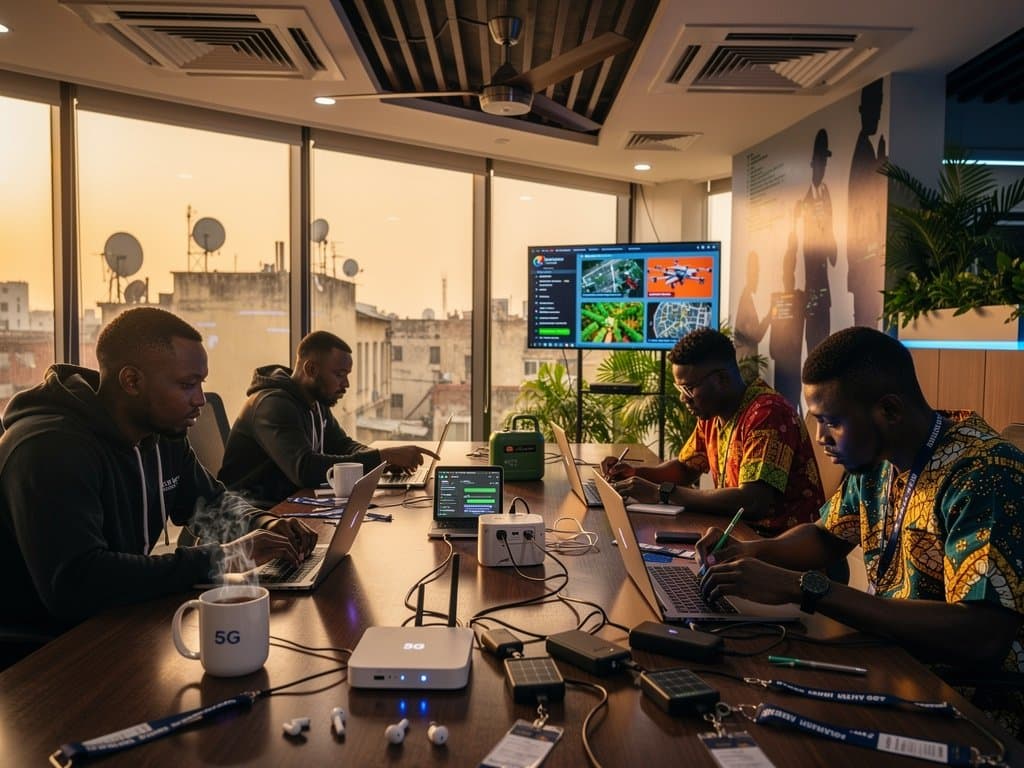 Lagos Yaba tech hub with laptops showing ChatGPT AI-generated African fintech visuals and city skyline view