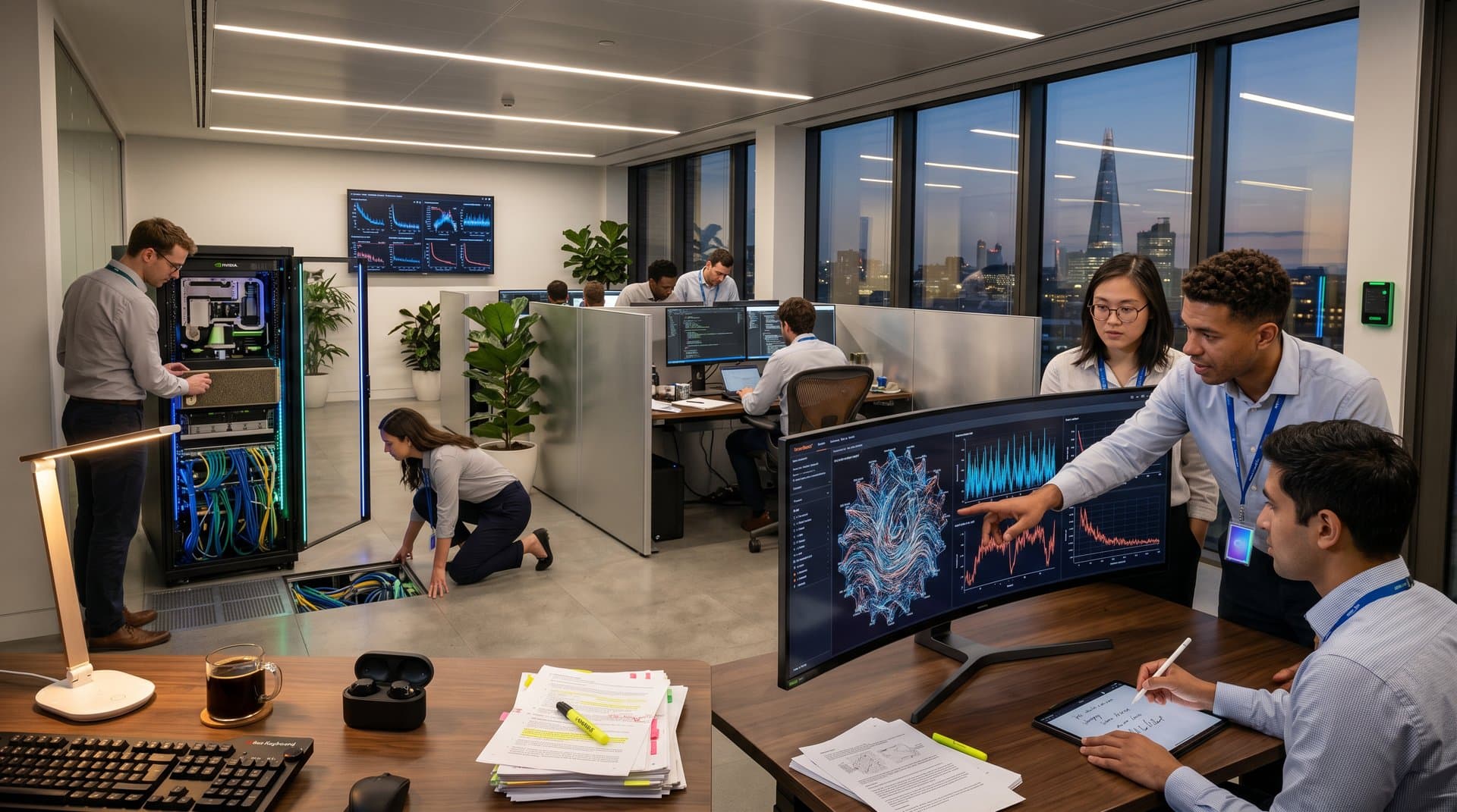 Engineers analyze AI neural networks on curved monitors amid GPU racks and London skyline in DeepMind lab
