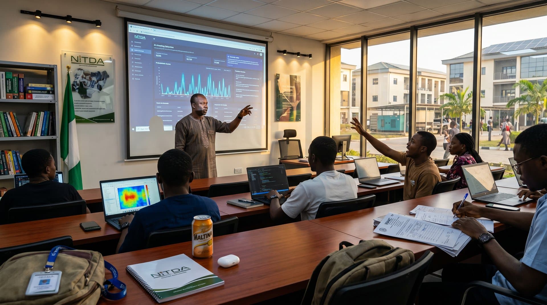 Nigerian university classroom with AI cheating detection interface on projector amid laptops and exam papers