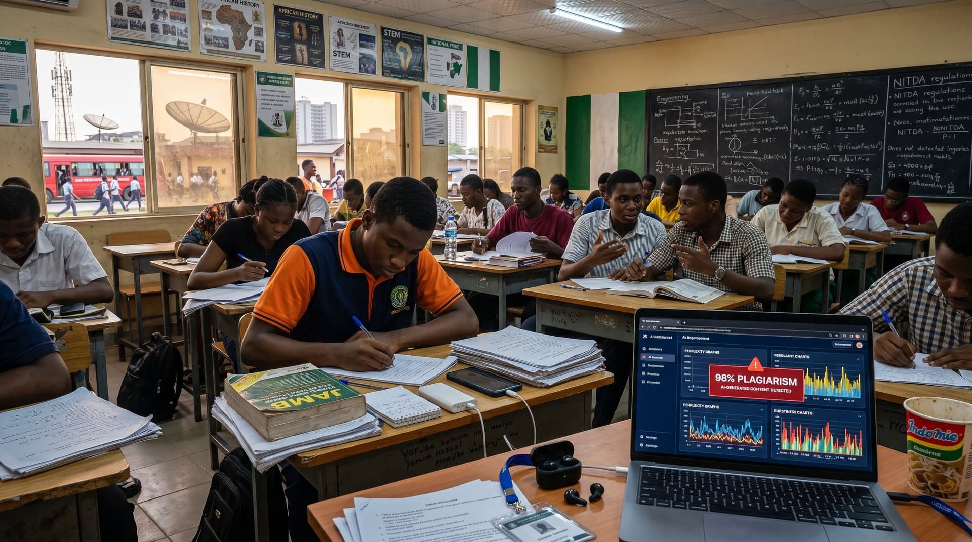 Nigerian classroom with student handwriting exam, AI detection on laptop, amid power and network challenges
