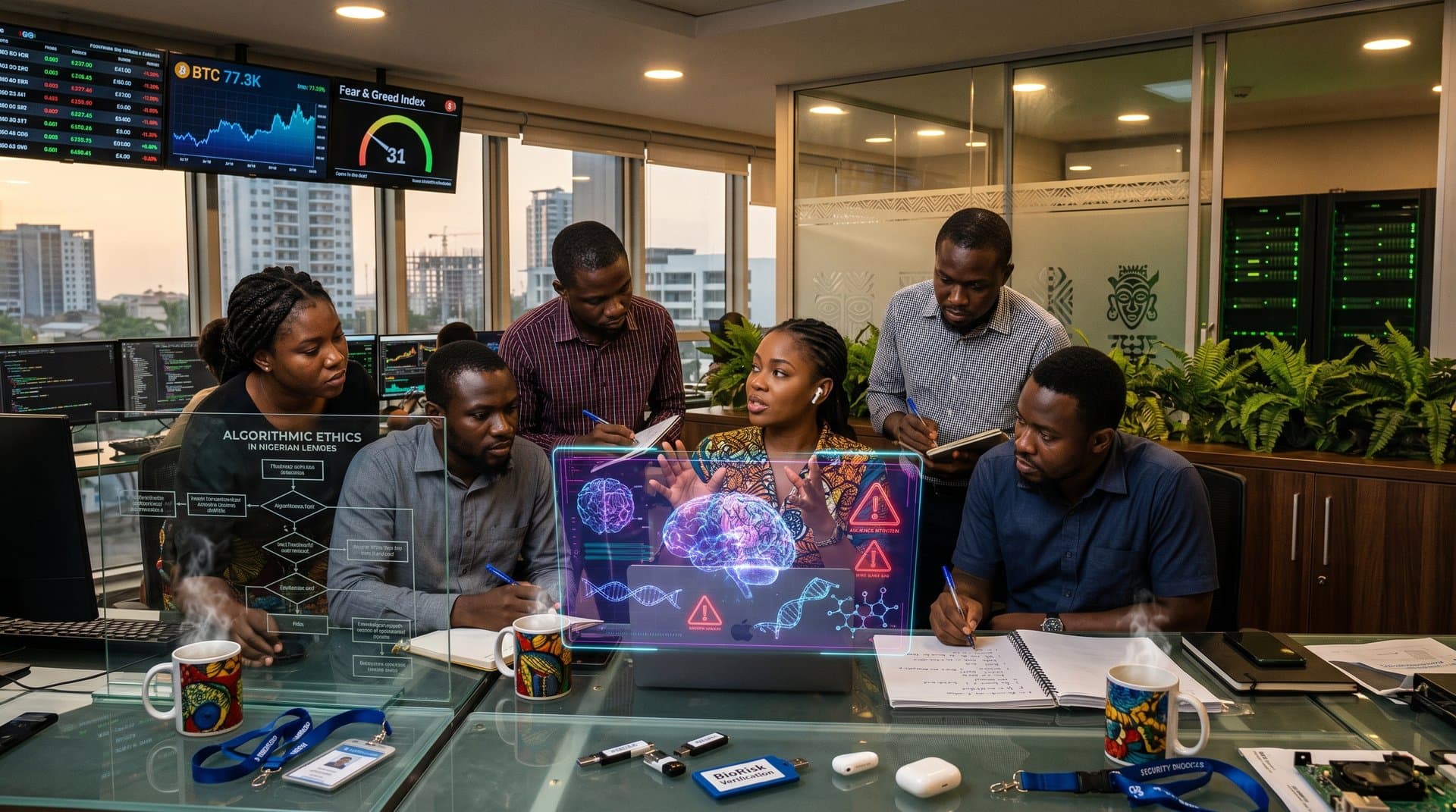 Abstract AI lab in African tech hub showing biosafety simulations on screens amid innovative workspace