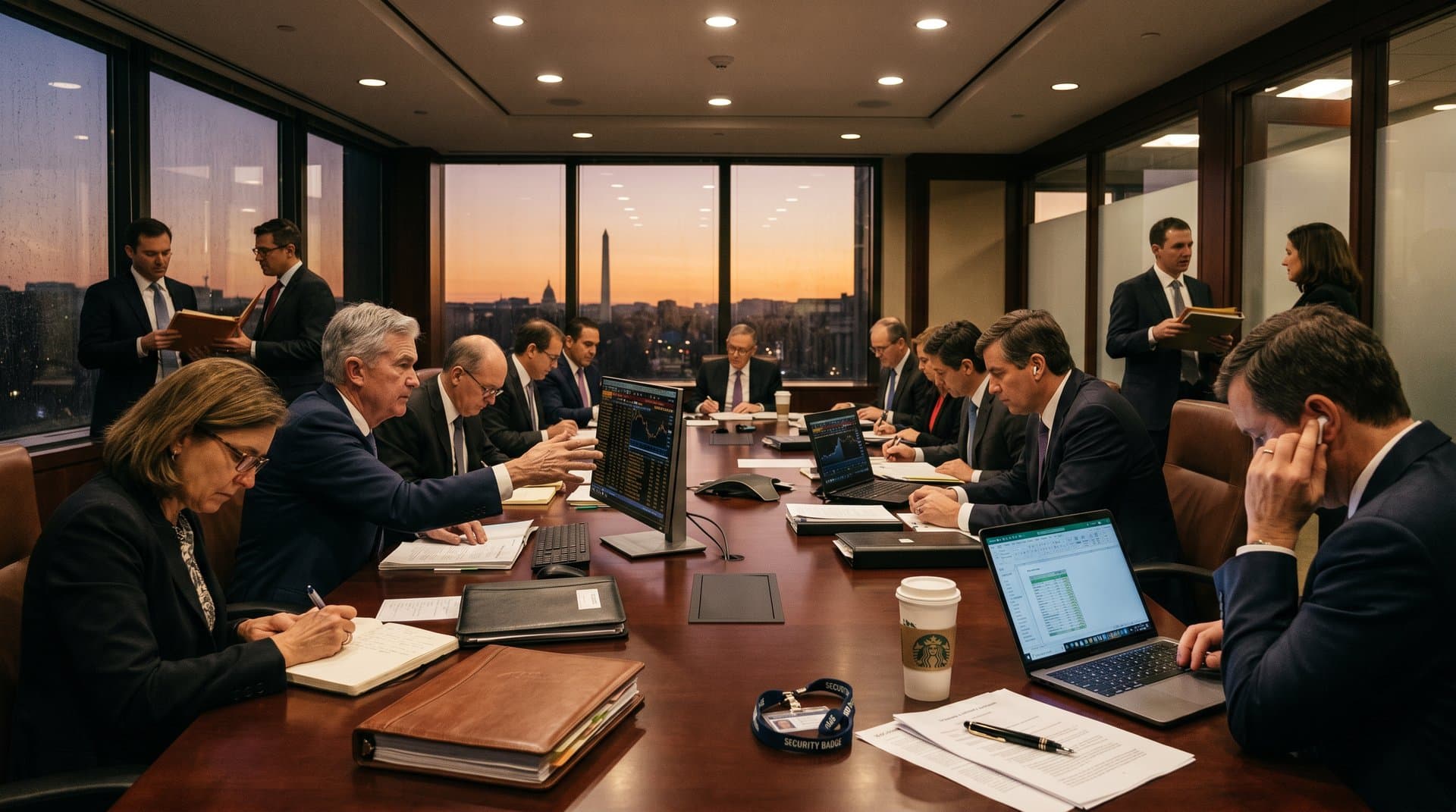 Executives in Federal Reserve-style boardroom review crypto charts on Bloomberg amid mahogany tables and DC skyline as one gestures on legislation