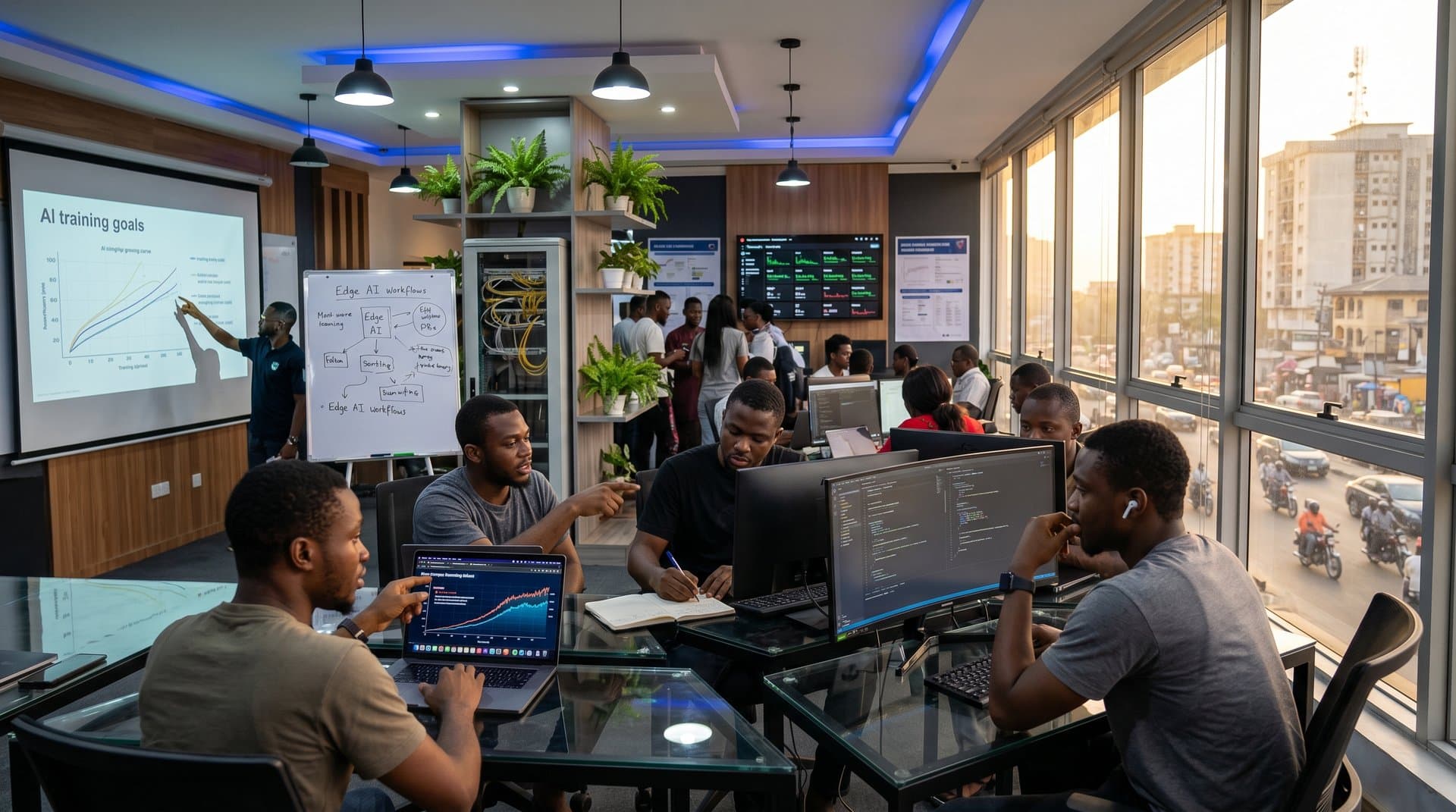 Yaba developers in Lagos hub analyzing viral AI compute chart amid solar servers and NITDA strategy visuals