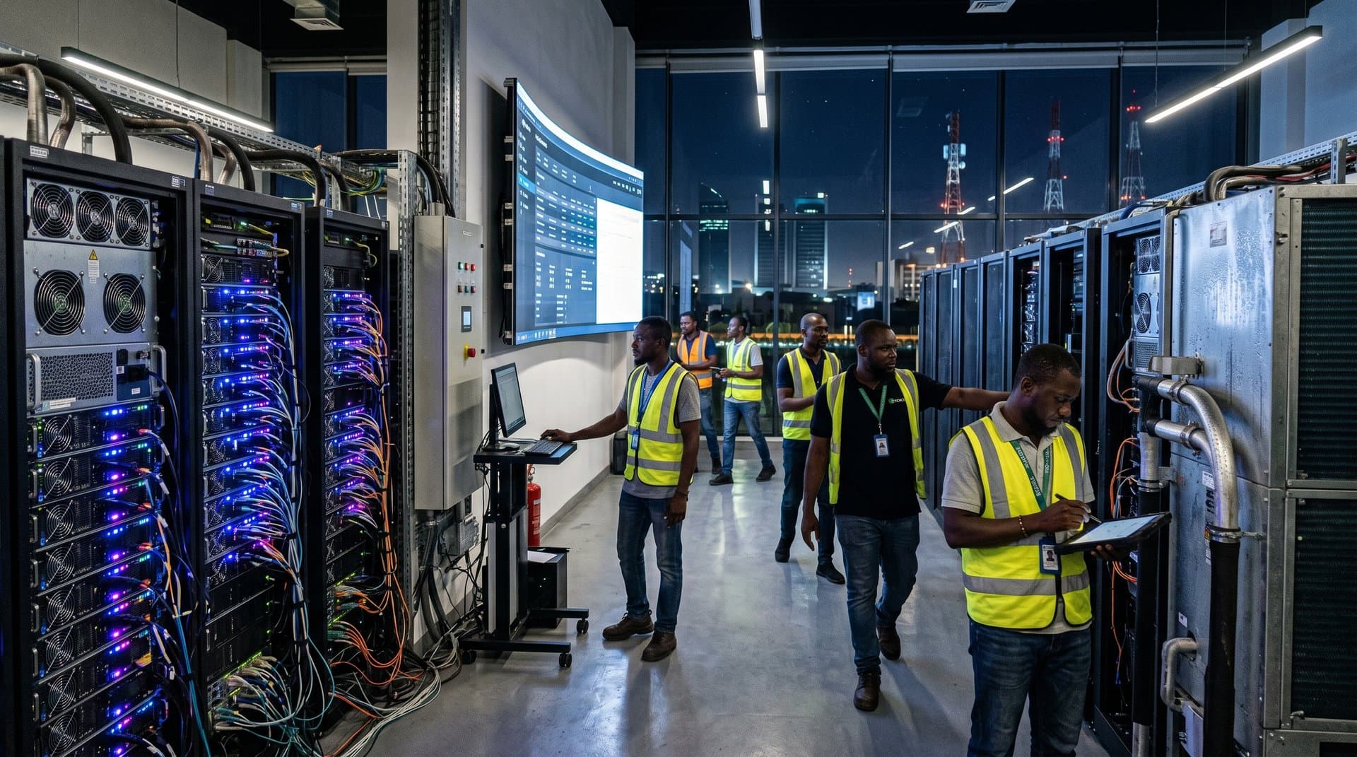 Engineers monitoring viral AI compute charts in modern Lagos Tier III data center with server racks and glowing displays