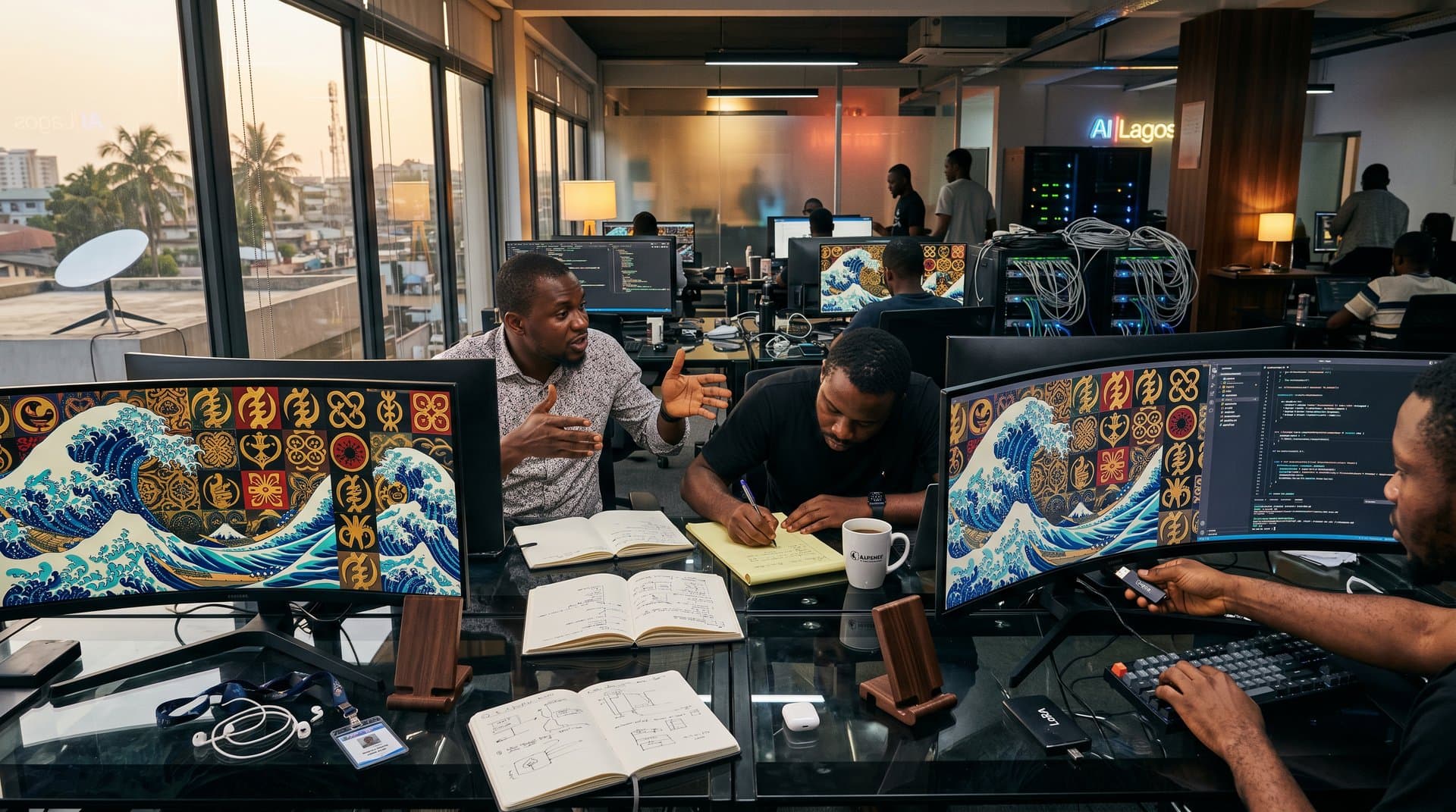 Triple monitors display Hokusai wave and Adinkra tessellation patterns in Lagos tech hub with GPU racks and Starlink