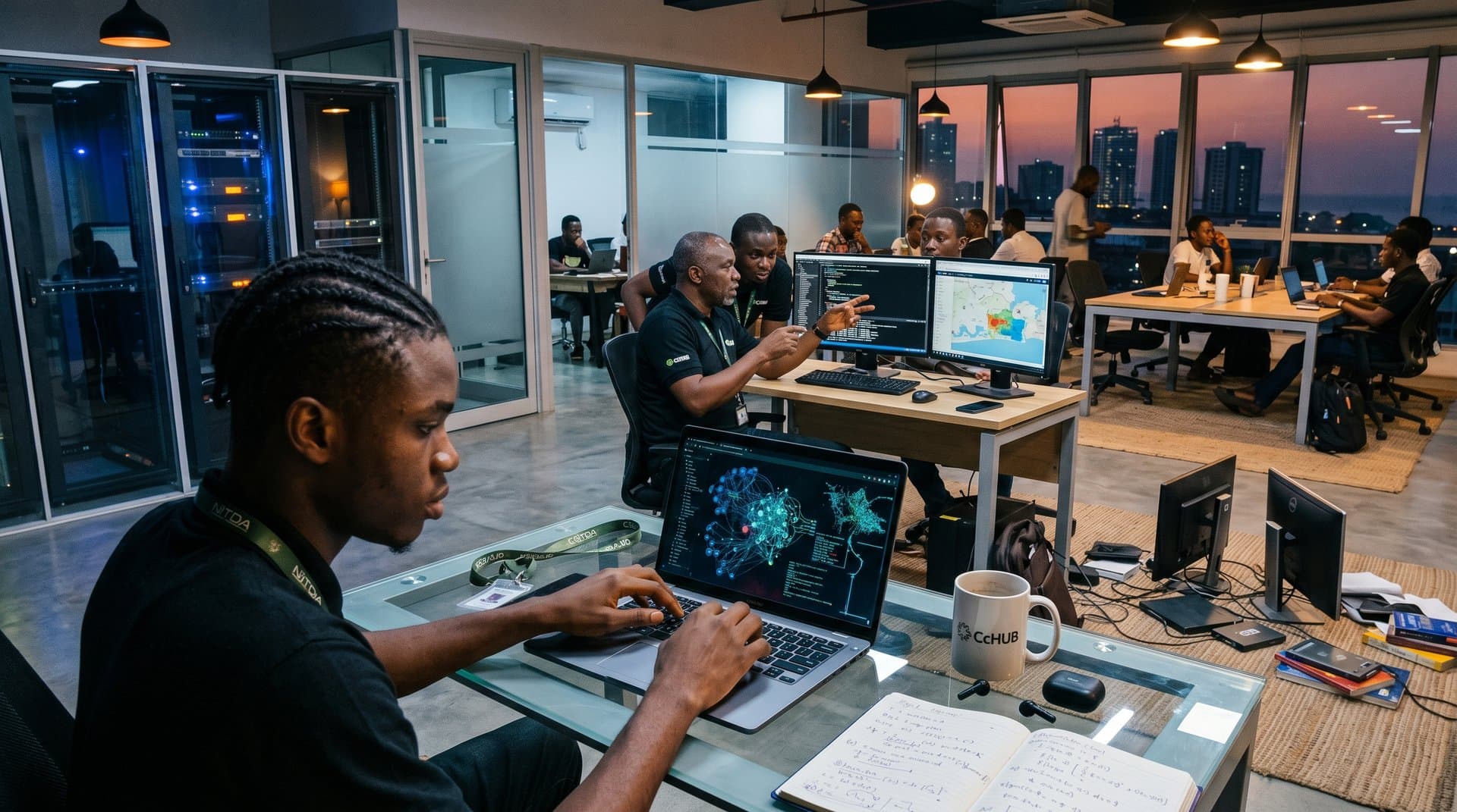 Developers analyze AI models in a Lagos tech hub with server racks, code screens, and city skyline view