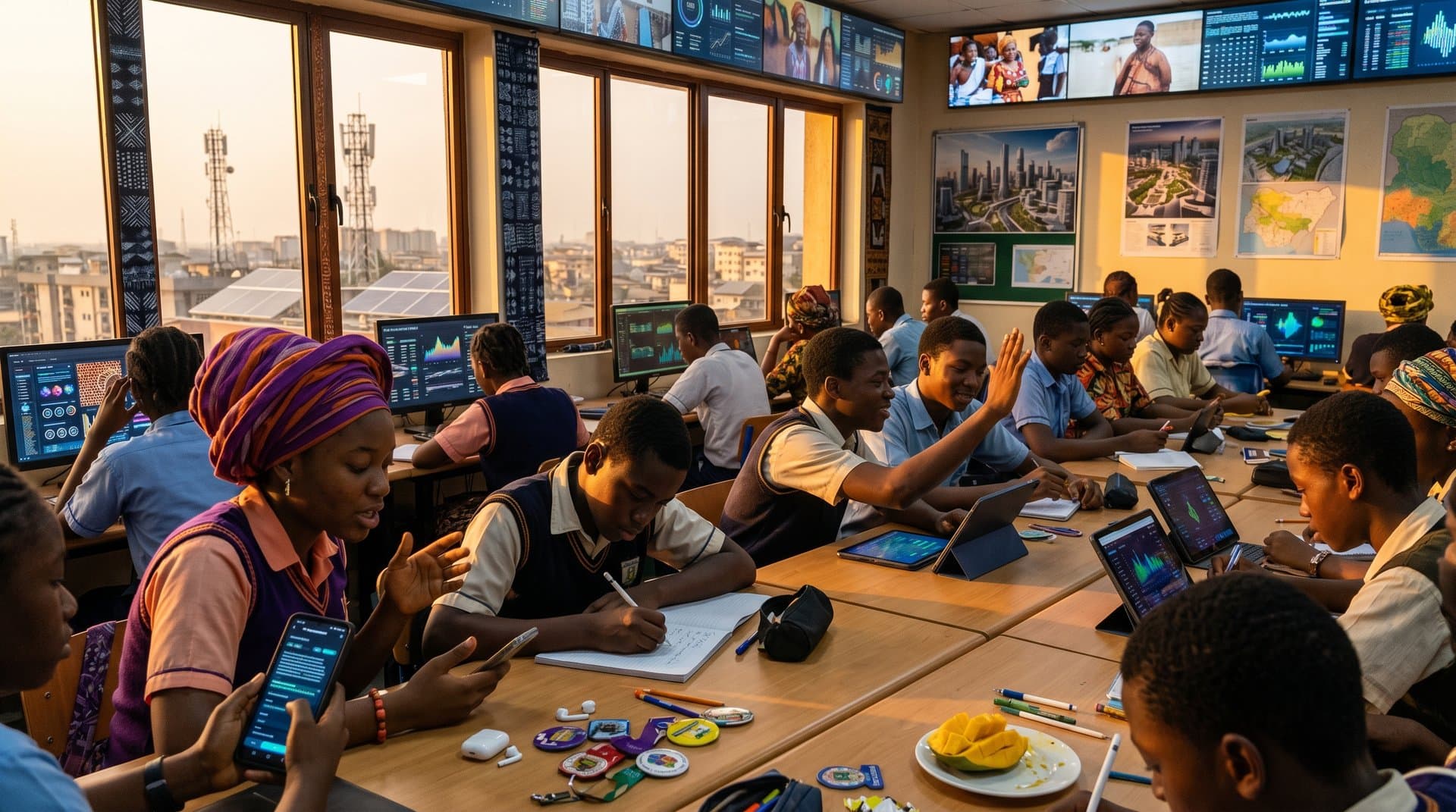 Afro-futurist Nigerian classroom with AI EdTech on phones, fintech payments, Lagos skyline, solar power elements