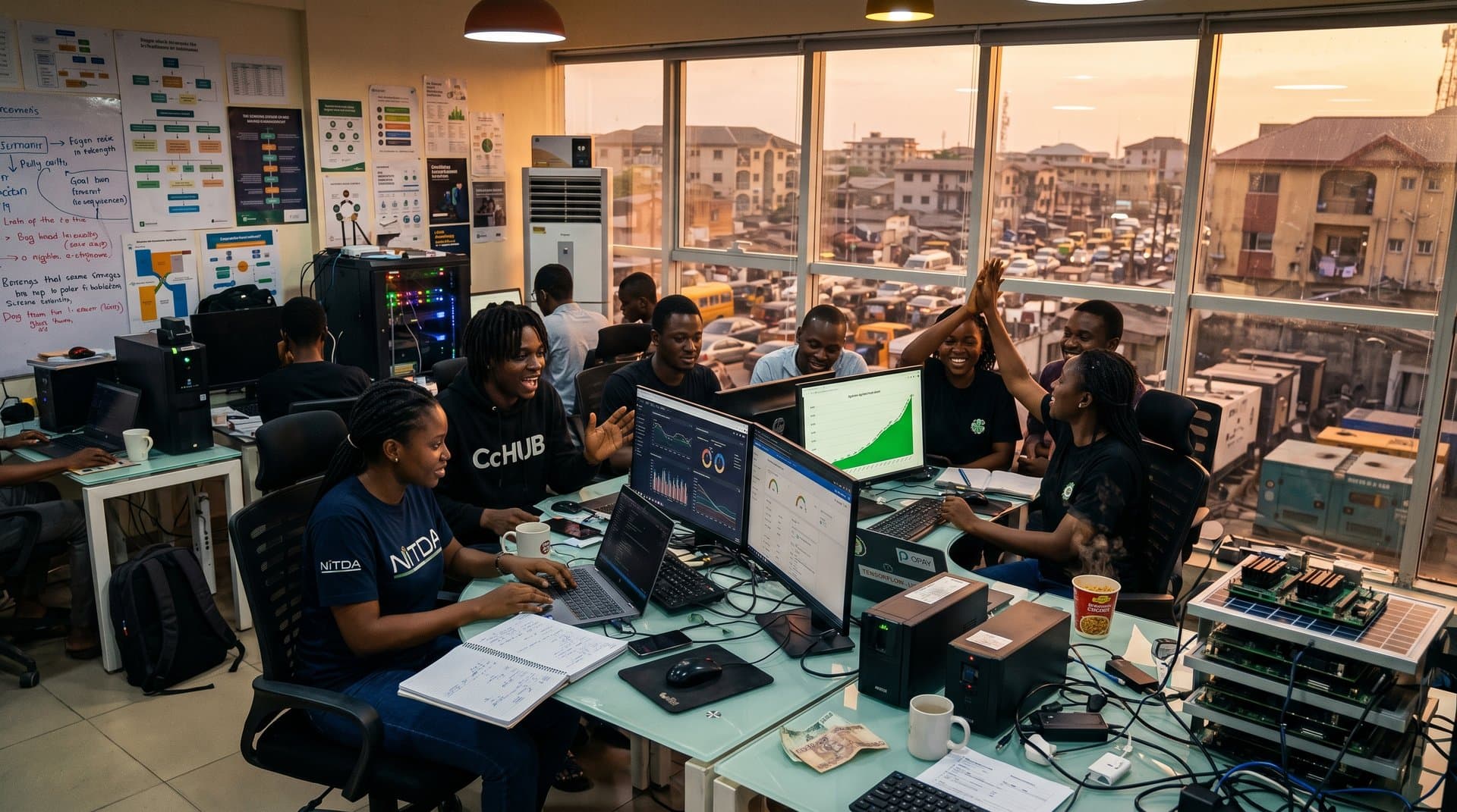 Lagos Yaba tech hub with AI code on laptops, edge GPUs, solar banks amid US tech giants AI layoffs talent shift