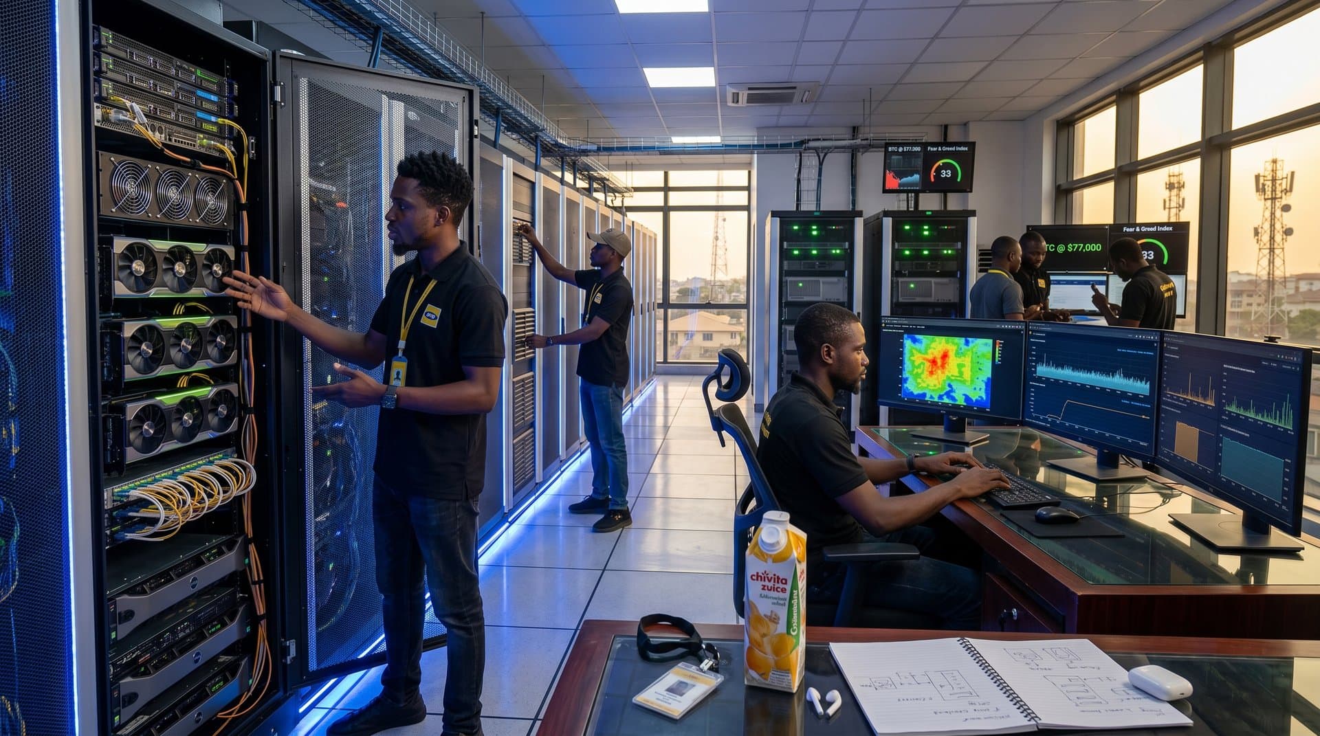 Lagos data center server racks and AI cloud dashboards under blue LEDs