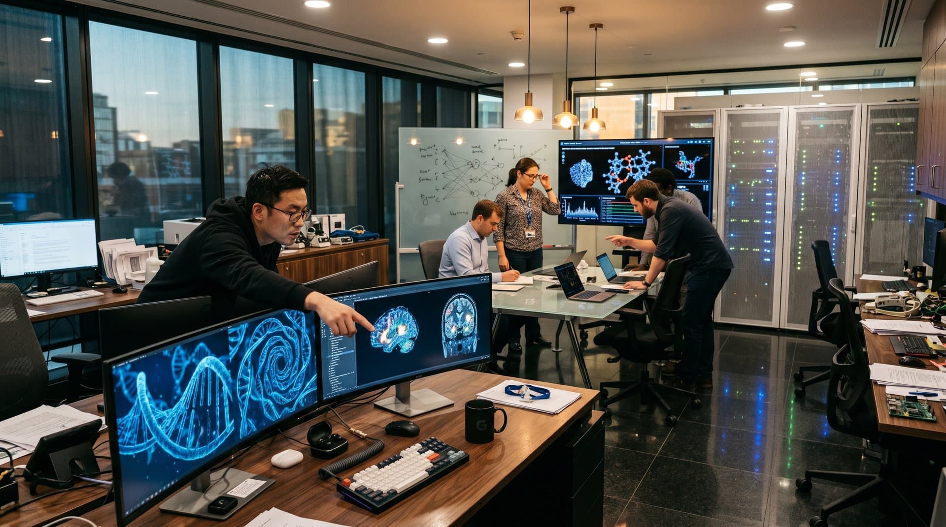 Team of researchers analyzes genomic brain data on multi-monitor setups in a high-tech Google DeepMind laboratory