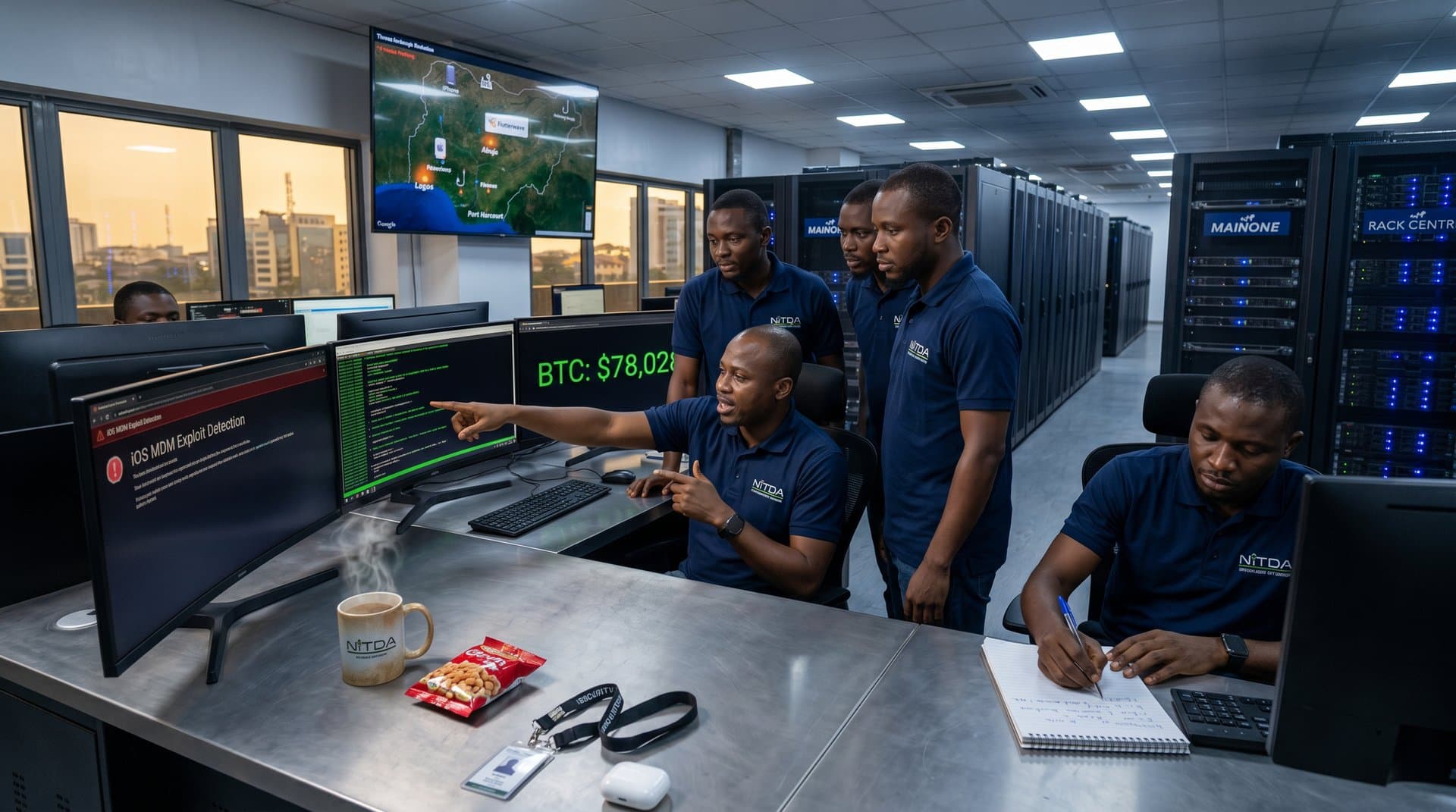 Cybersecurity team monitors silent iPhone app threats in Lagos data center with server racks and crypto charts