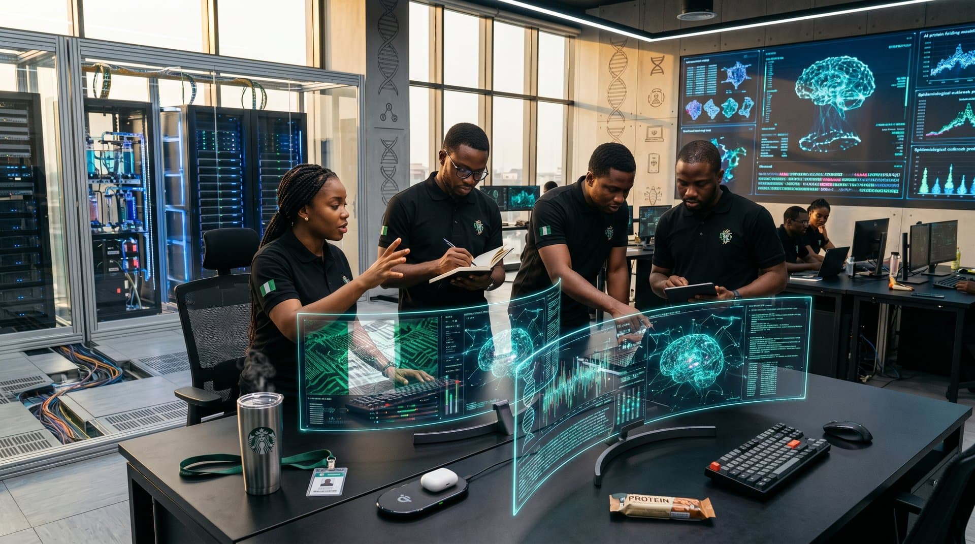 Abstract AI health data networks and genomic visualizations in modern African tech infrastructure hub