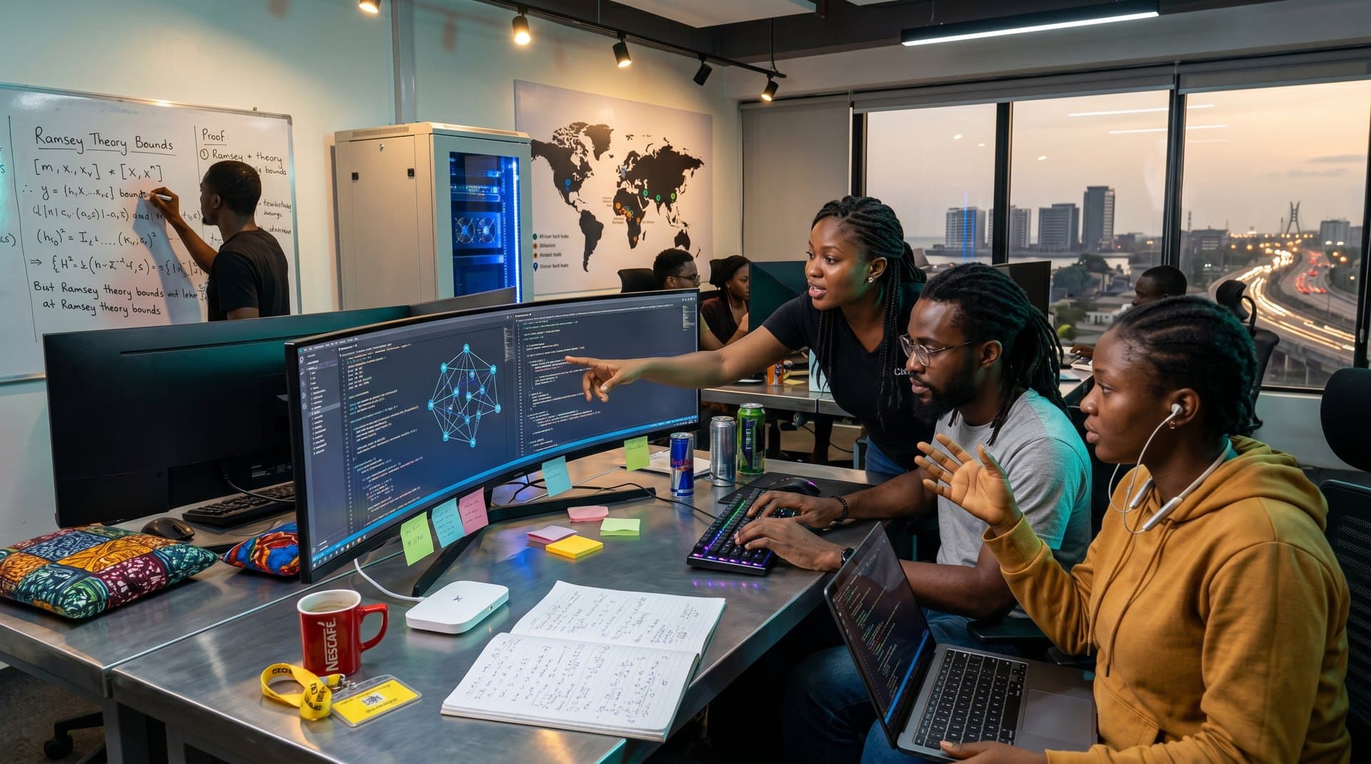 Abstract graph theory visuals and ChatGPT interface in Nigerian tech hub with servers and equations