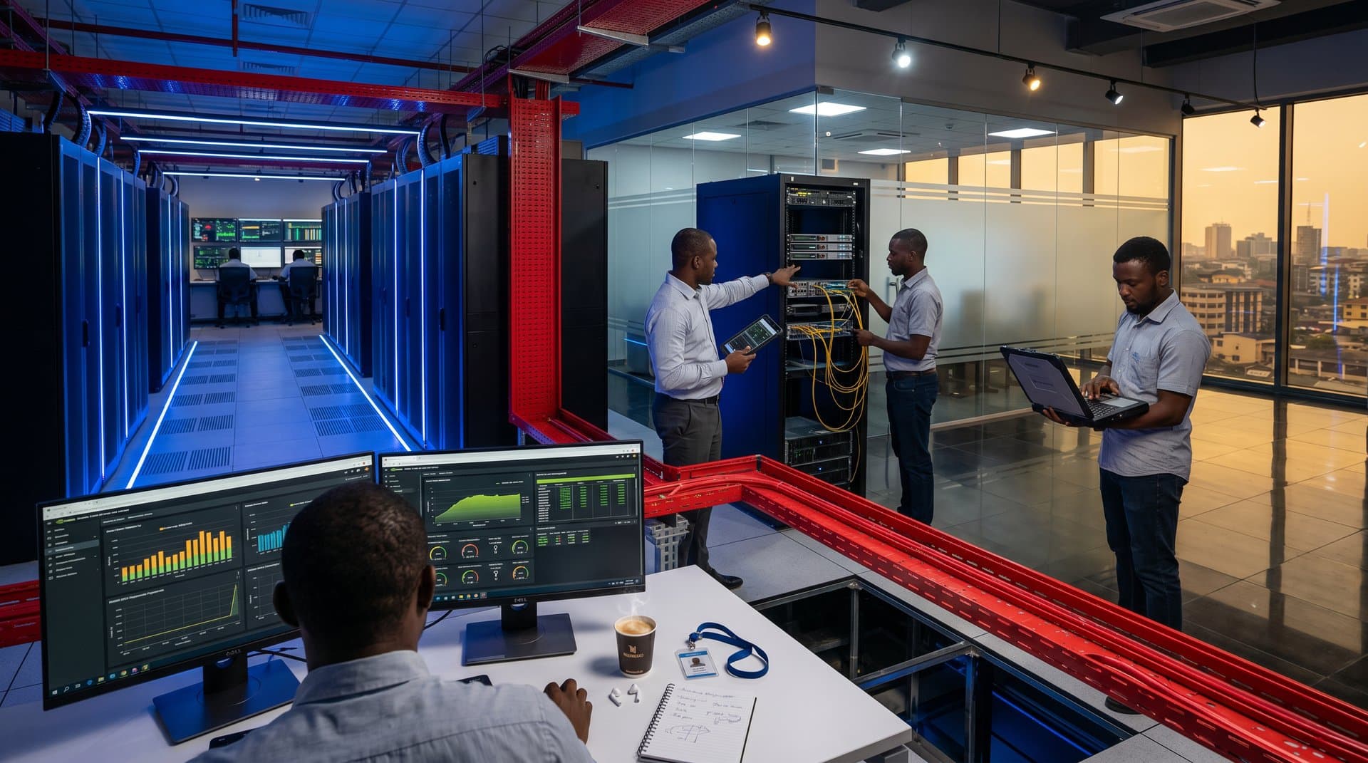Lagos data center with server racks, solar metrics on screen, engineer silhouettes, skyline view