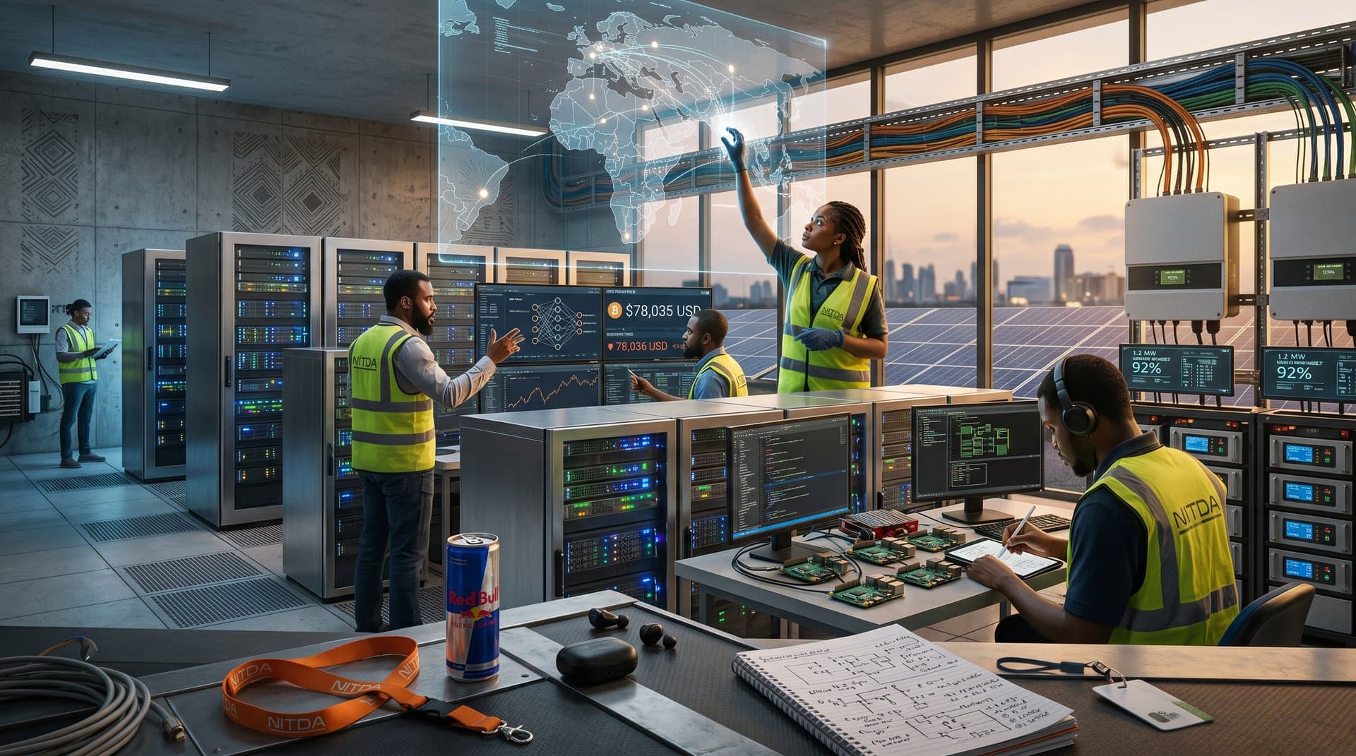 Glowing server racks and solar energy panels in modern Nigerian off-grid data center