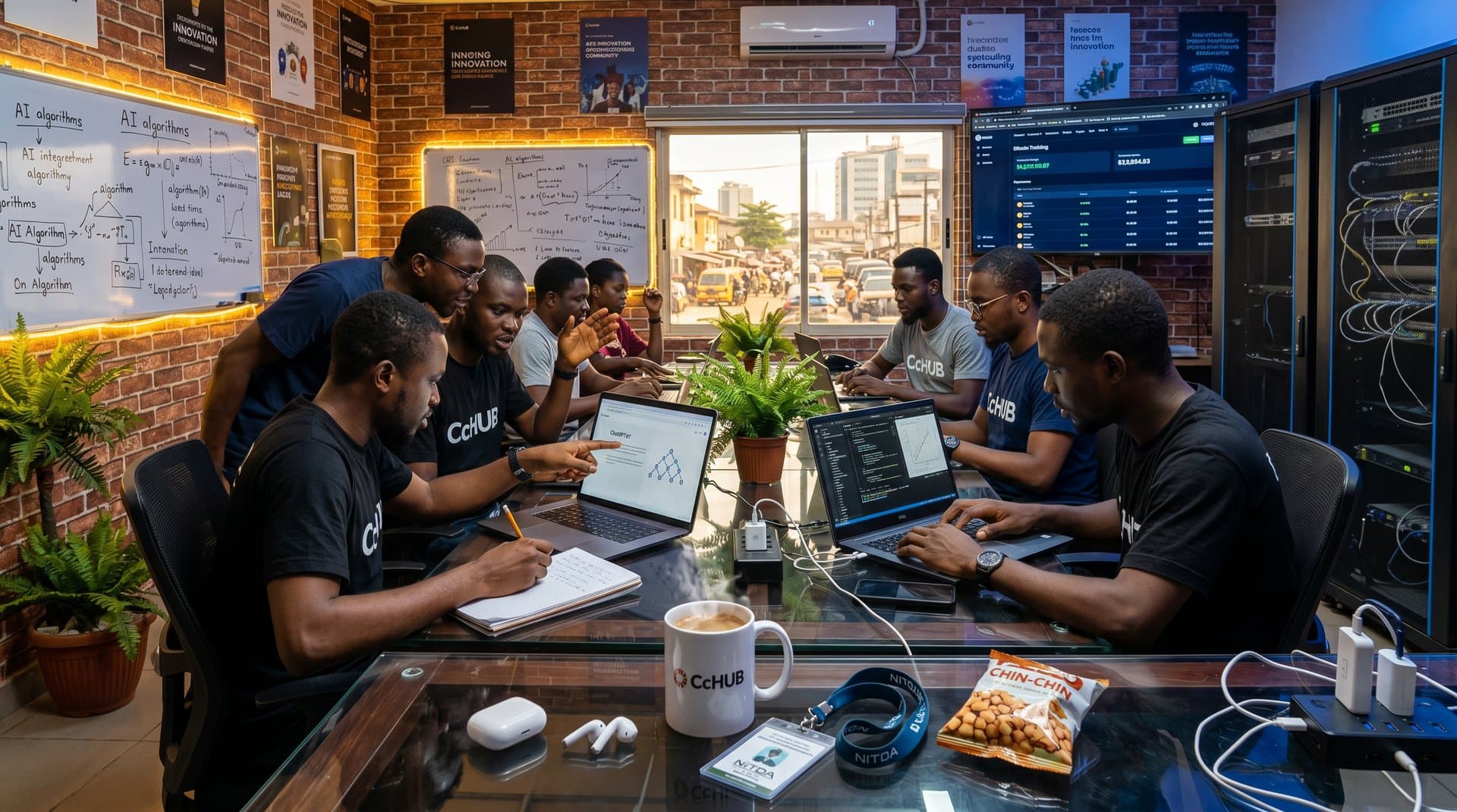 Lagos tech hub scene with ChatGPT Erdős proofs on laptop screens amid collaboration, solar servers, and BTC charts
