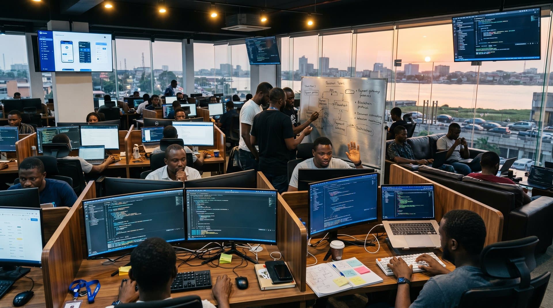 Developers coding fintech apps in modern Lagos tech hub with monitors, desks, and city view