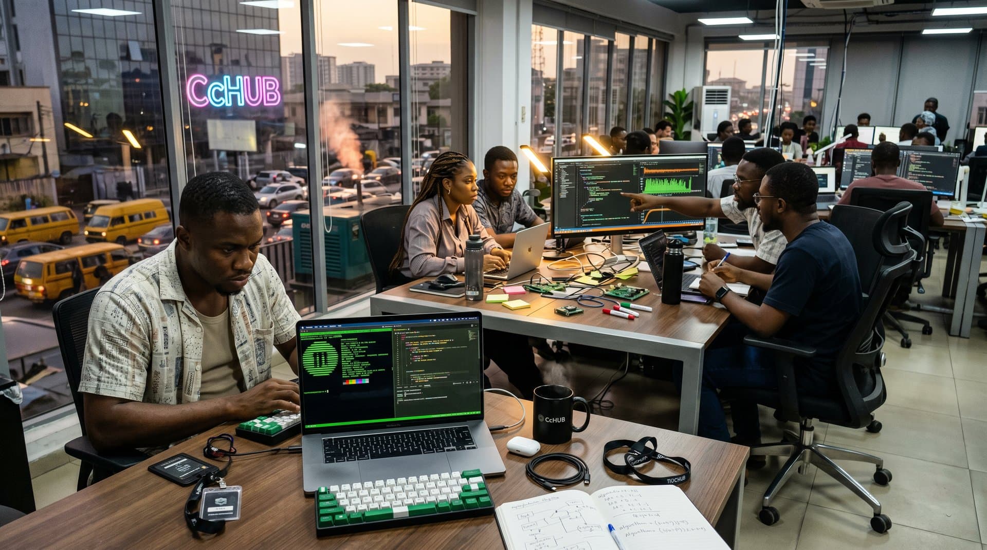 Nigerian developers at CcHUB Lagos collaborate on Asahi Linux ARM code with MacBooks, monitors amid city skyline and tech vibe (98 chars)