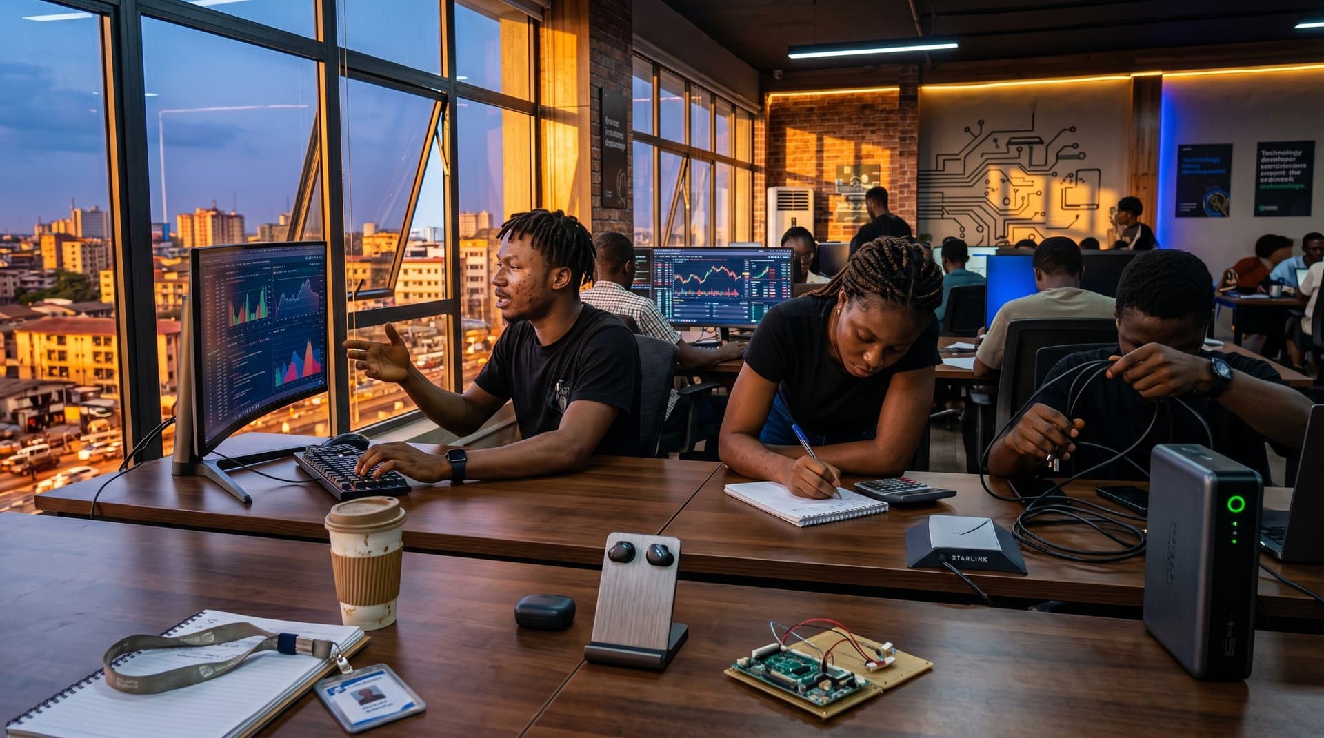 Lagos tech hub with AI code and fintech screens, power banks and Starlink emphasizing African innovation
