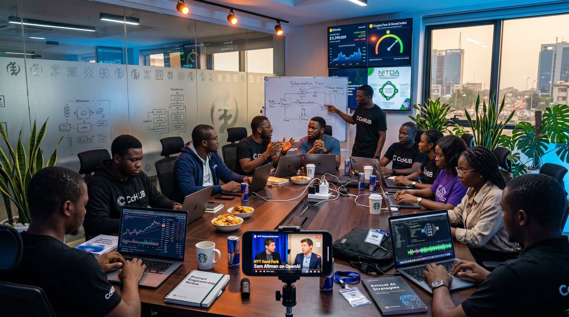 Lagos tech hub with AI screens, podcast app, and skyline view