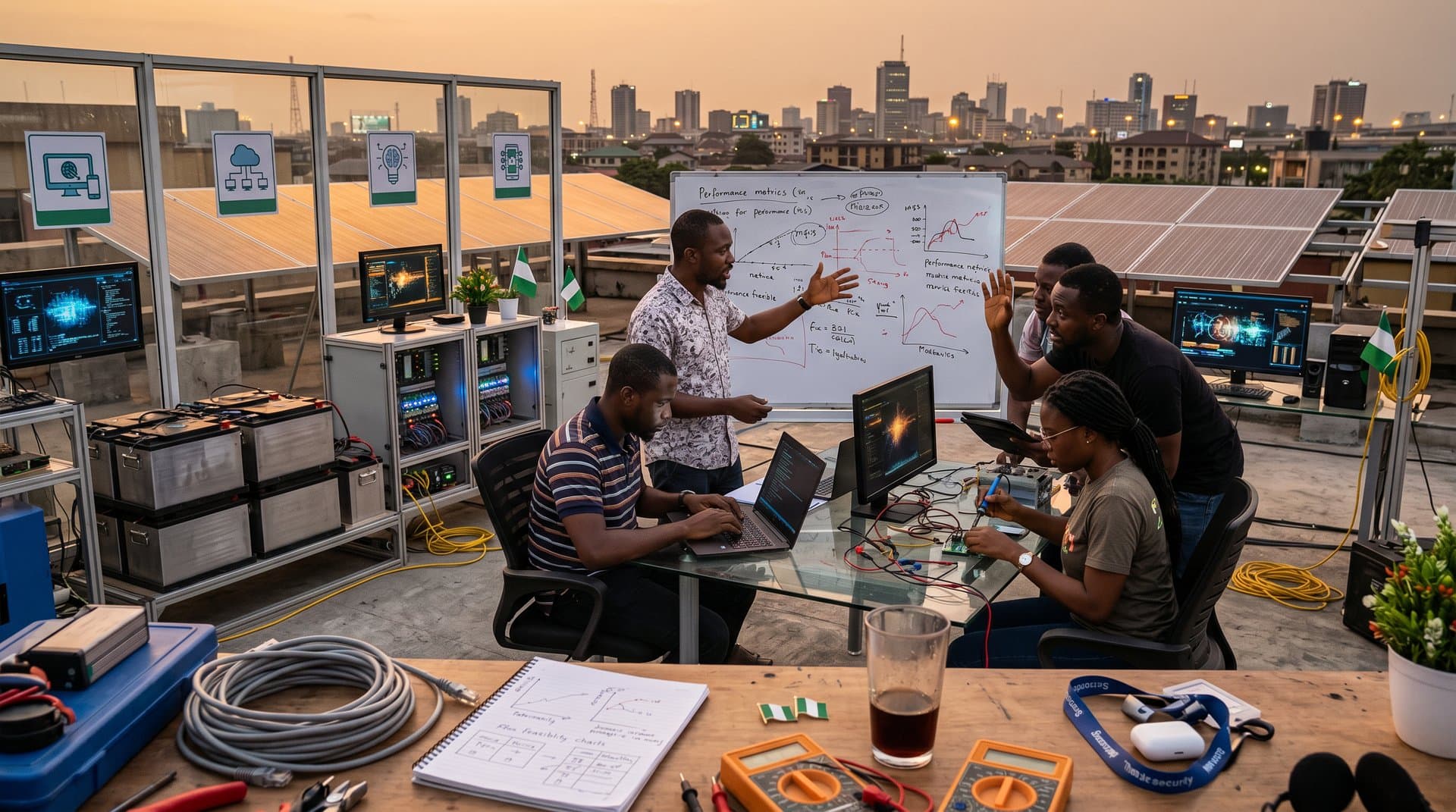 Solar-powered servers and AI screens in Lagos tech hub, evoking Nigeria's blackout-proof innovation.