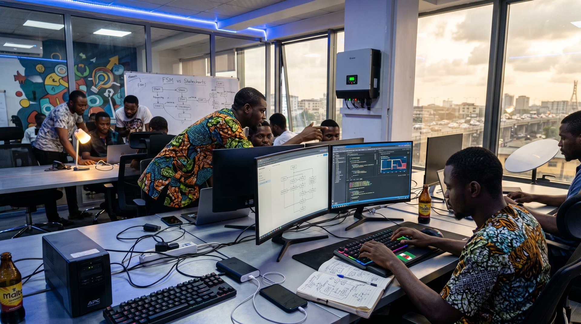 Lagos CcHUB tech hub with statecharts on screens, BTC trackers, power backups, and collaborative whiteboard amid Nigerian skyline