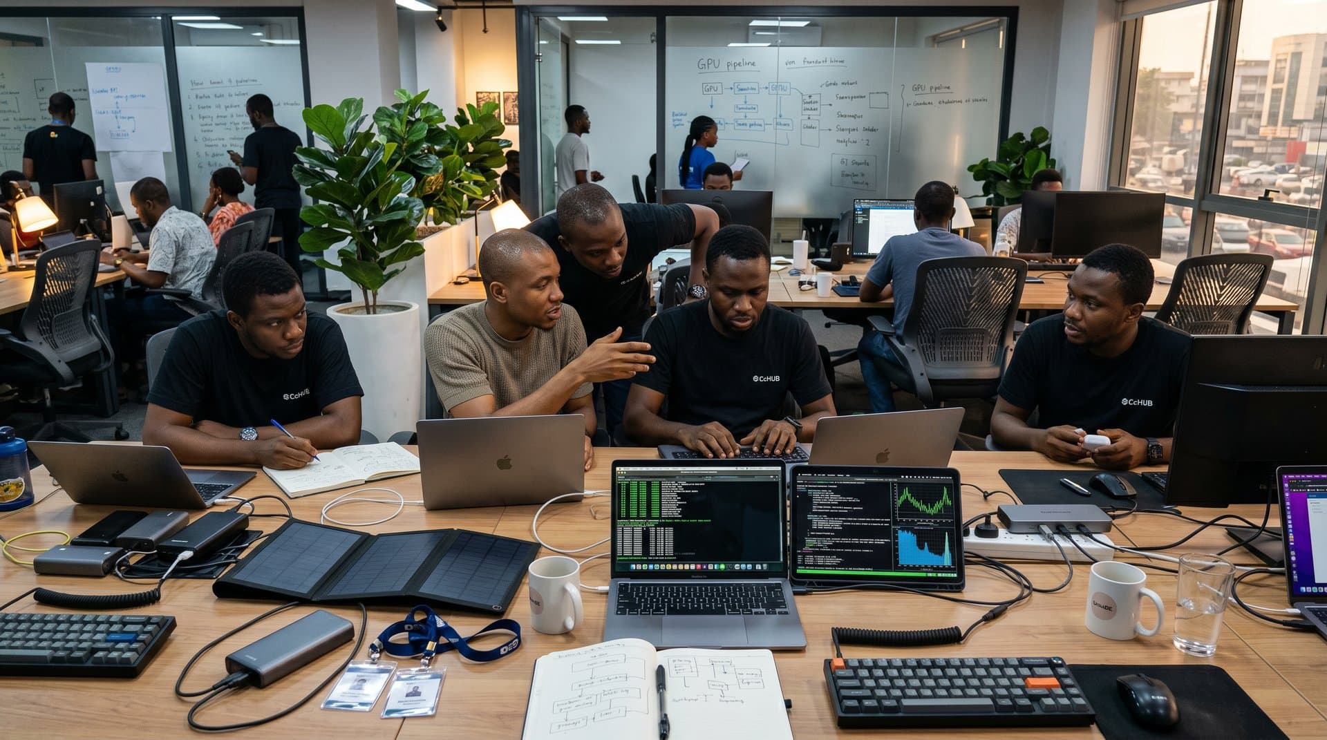 Lagos tech hub with used Apple MacBooks running Asahi Linux, docks, power banks, whiteboards, and monitors in vibrant Nigerian workspace