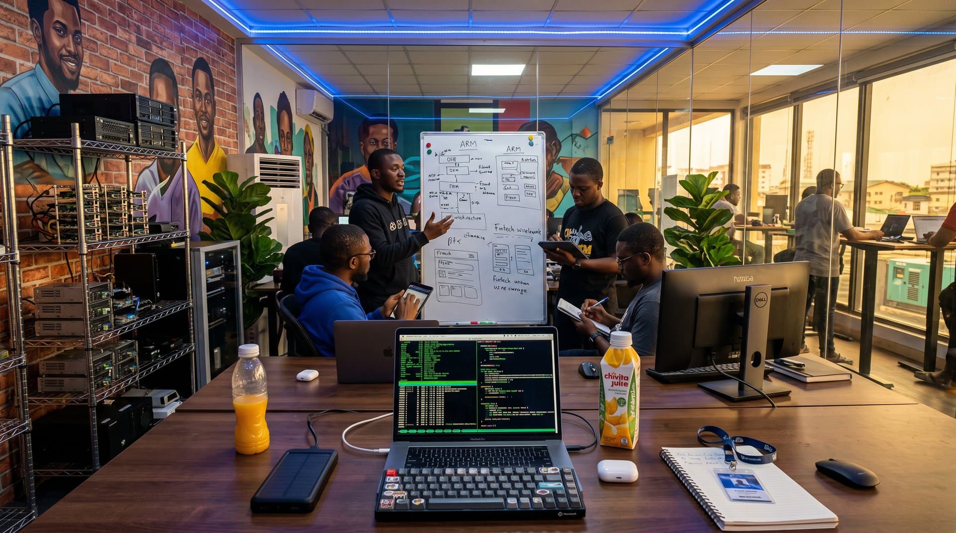 Lagos tech hub with MacBook running Asahi Linux GPU benchmarks, developers' silhouettes, whiteboards, and power generators