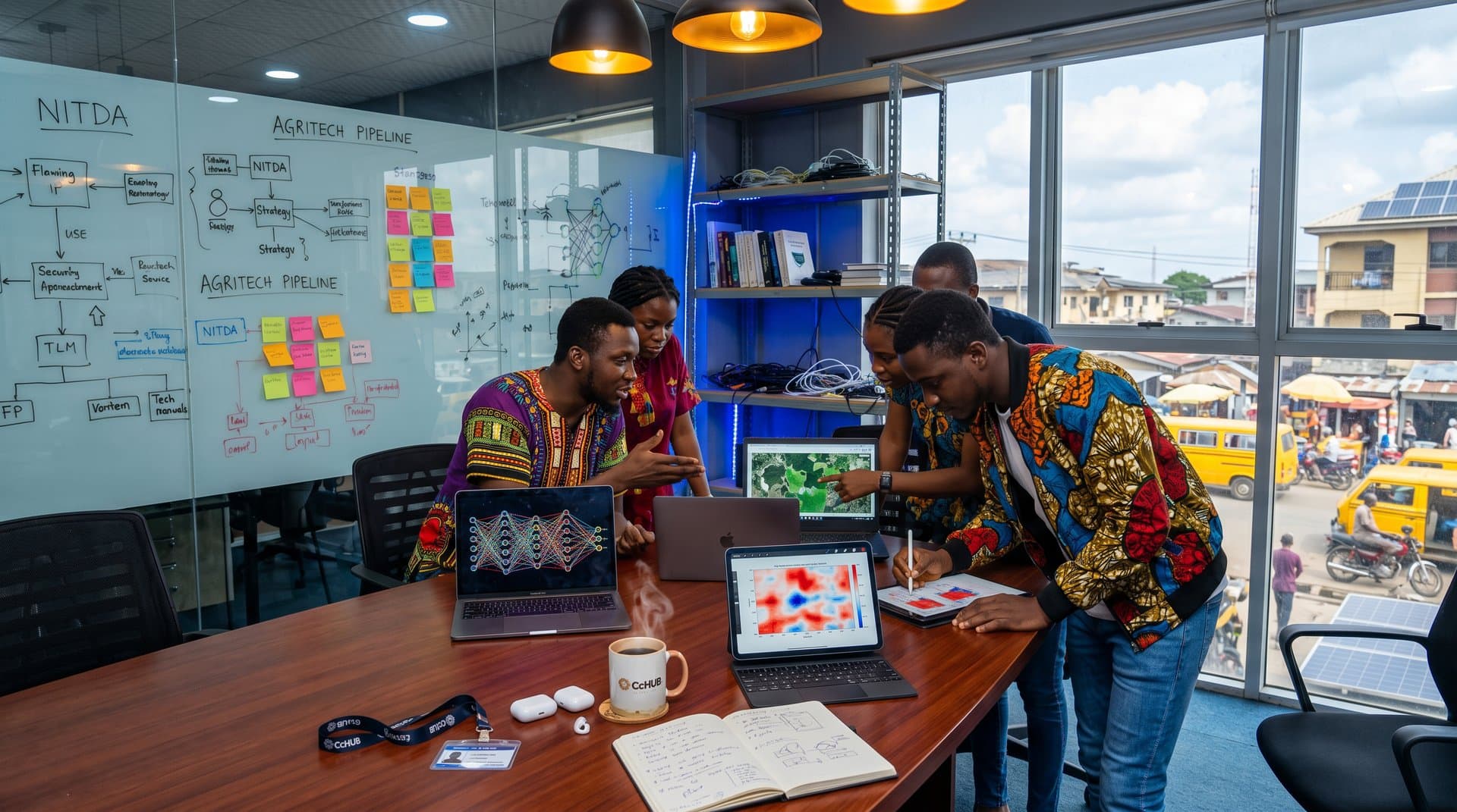 Abstract view of Lagos CcHUB tech hub with AI screens showing power grids and crop data amid collaborative Nigerian innovation space