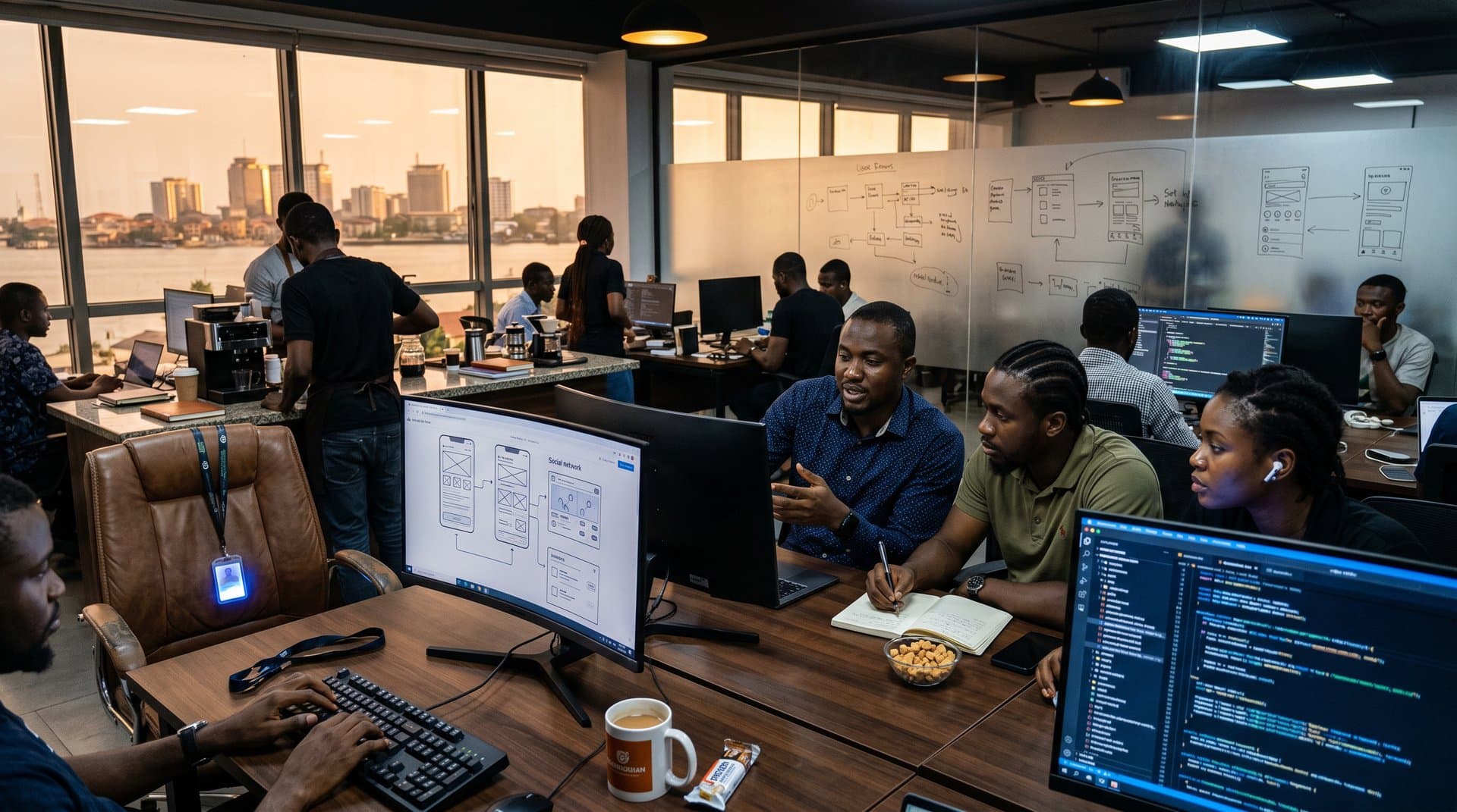 Lagos tech office with desks, monitors showing social graphs, glass partitions, skyline views, and coffee station in innovation hub