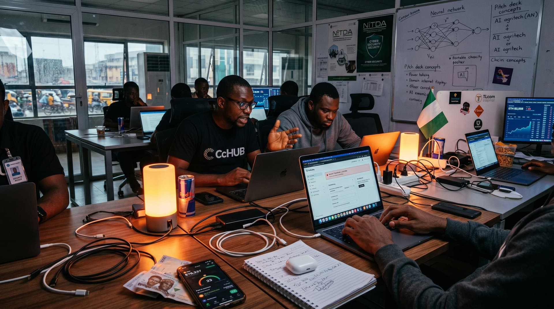 Laptop alert of GoDaddy domain transfer in Lagos tech hub amid power issues and AI tools
