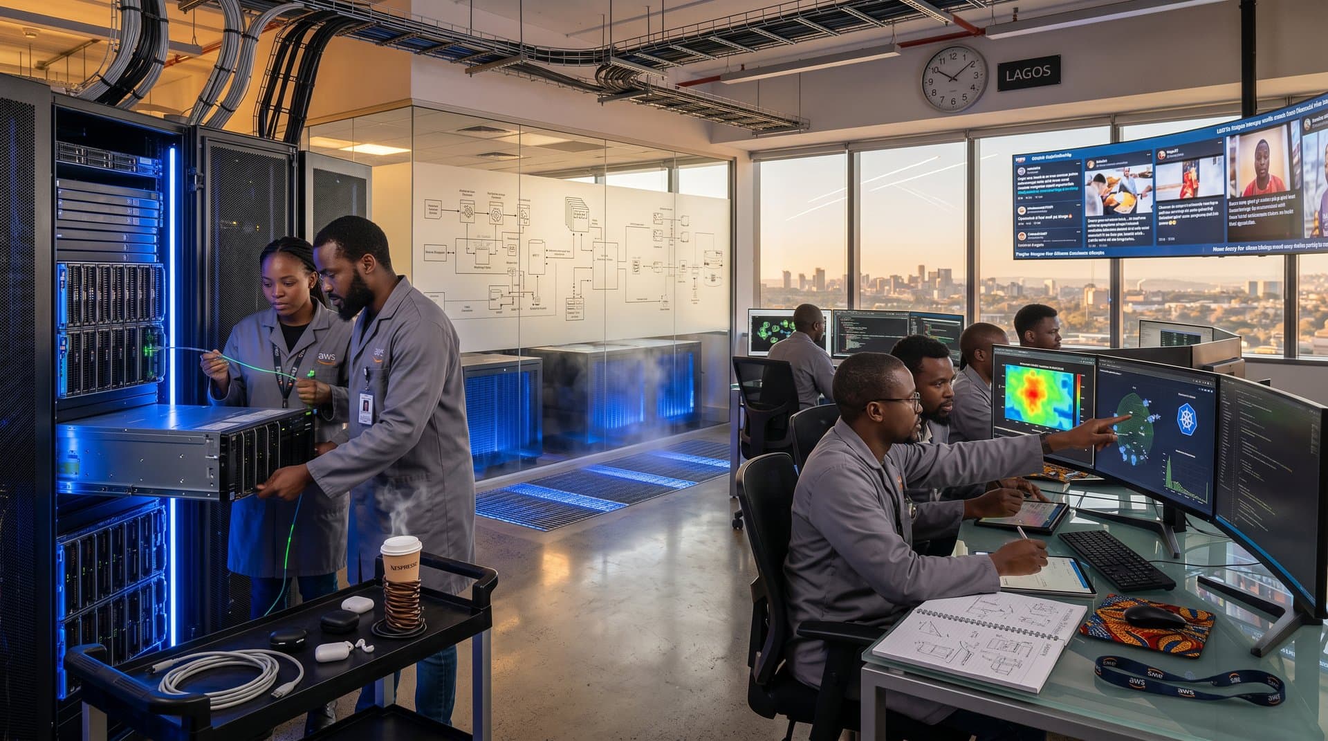 Engineers install servers in Johannesburg data center with Kubernetes dashboards and network maps