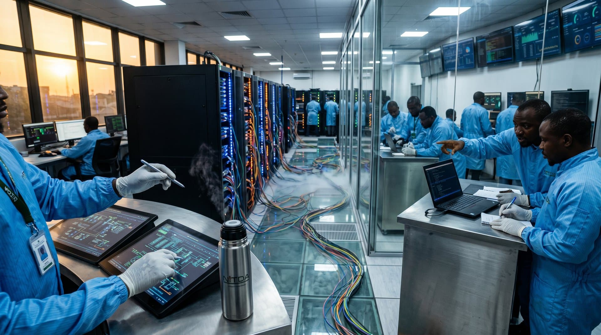 Engineers in data center reveal cables and servers under raised floors amid cybersecurity monitors and Lagos skyline