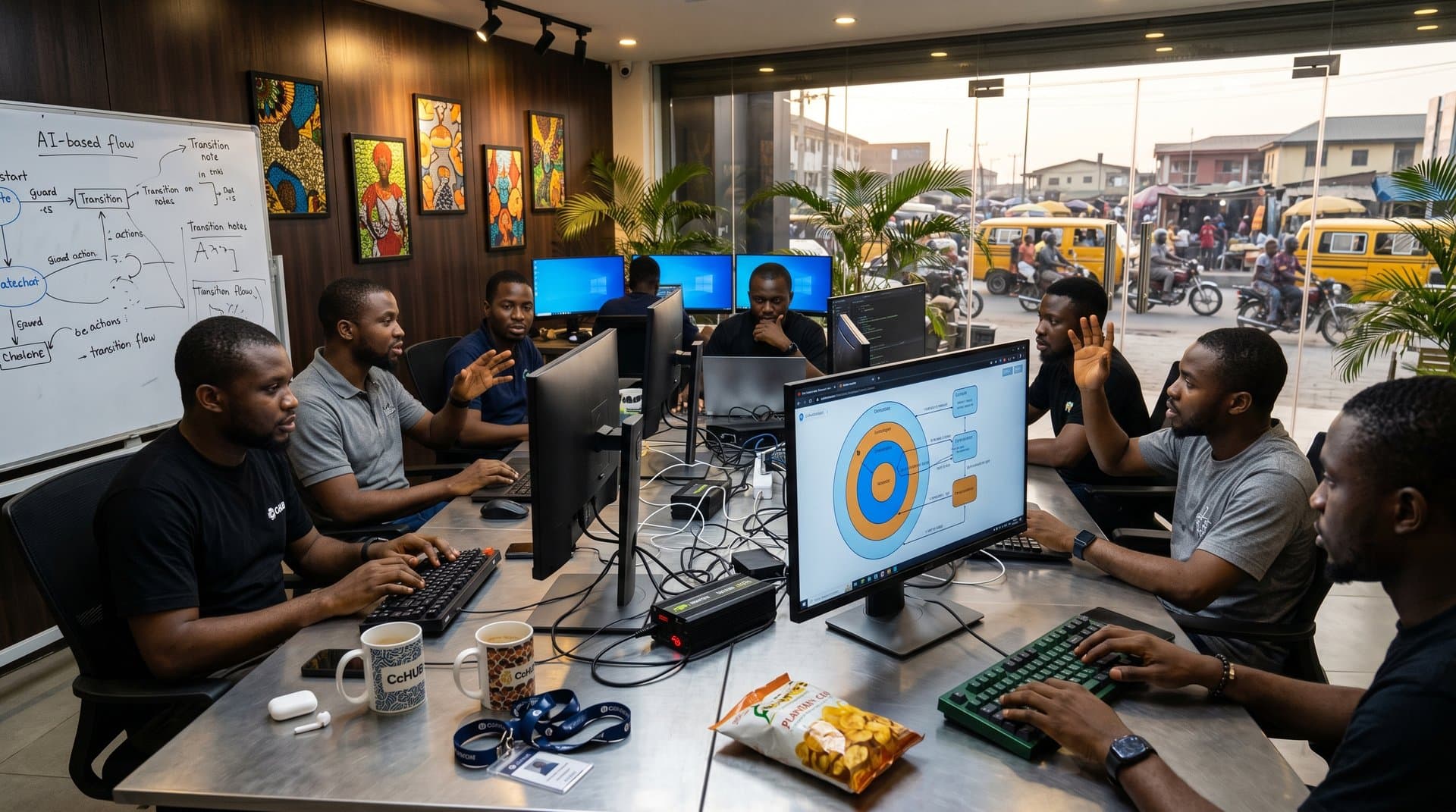 Lagos Yaba incubator screens show statechart diagrams, power banks, XState code amid Nigerian street view and local tech vibe