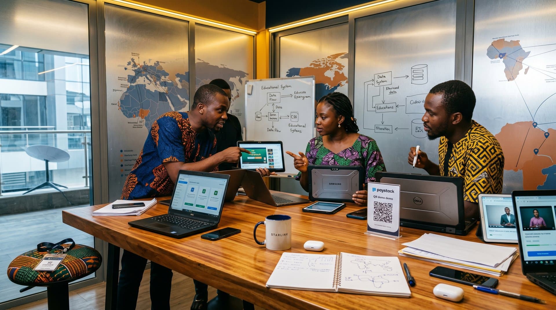 Lagos EdTech developers crafting offline mobile apps amid African innovation symbols
