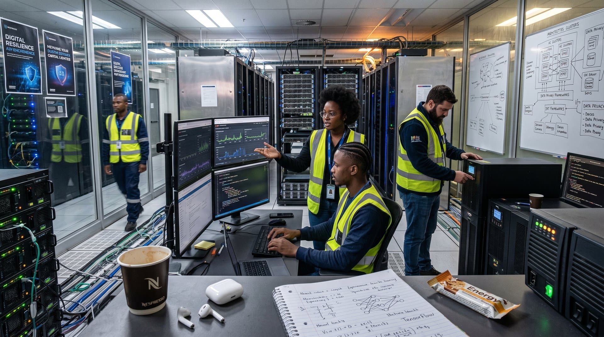 Engineers monitor AI dashboards in busy data center with server racks and power backup indicators