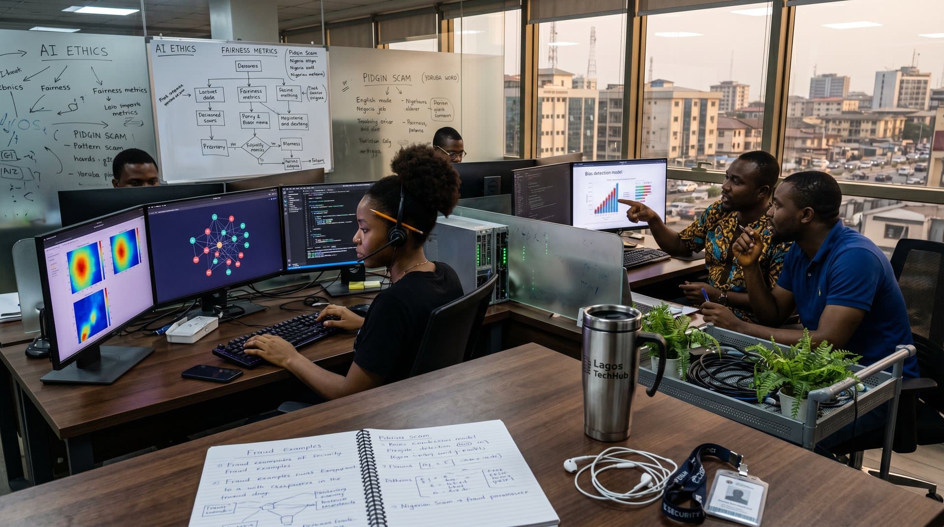 AI lab with monitors showing bias detection and cybersecurity visuals on walnut desks amid collaborative Nigerian tech environment