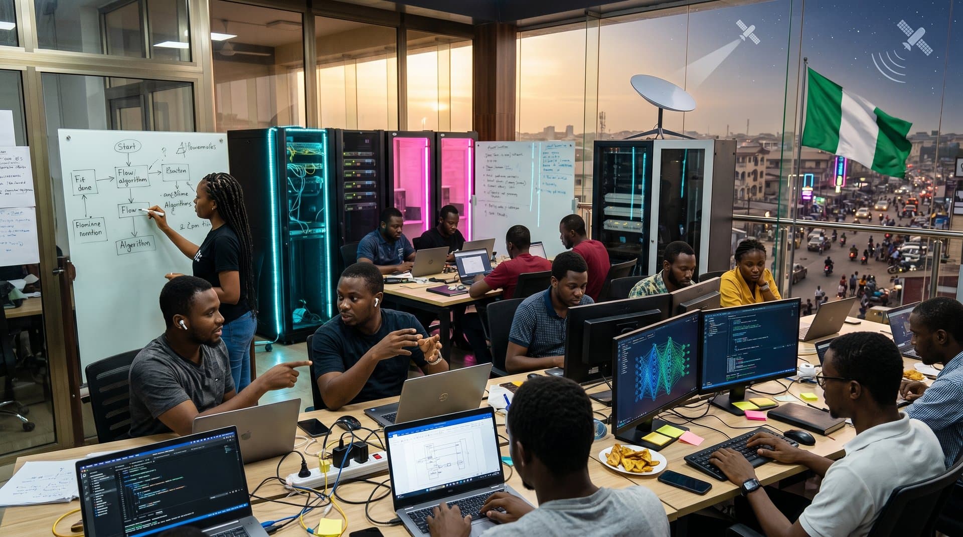 Lagos tech hub with AI screens, Starlink dish, and satellite connections symbolizing African innovation