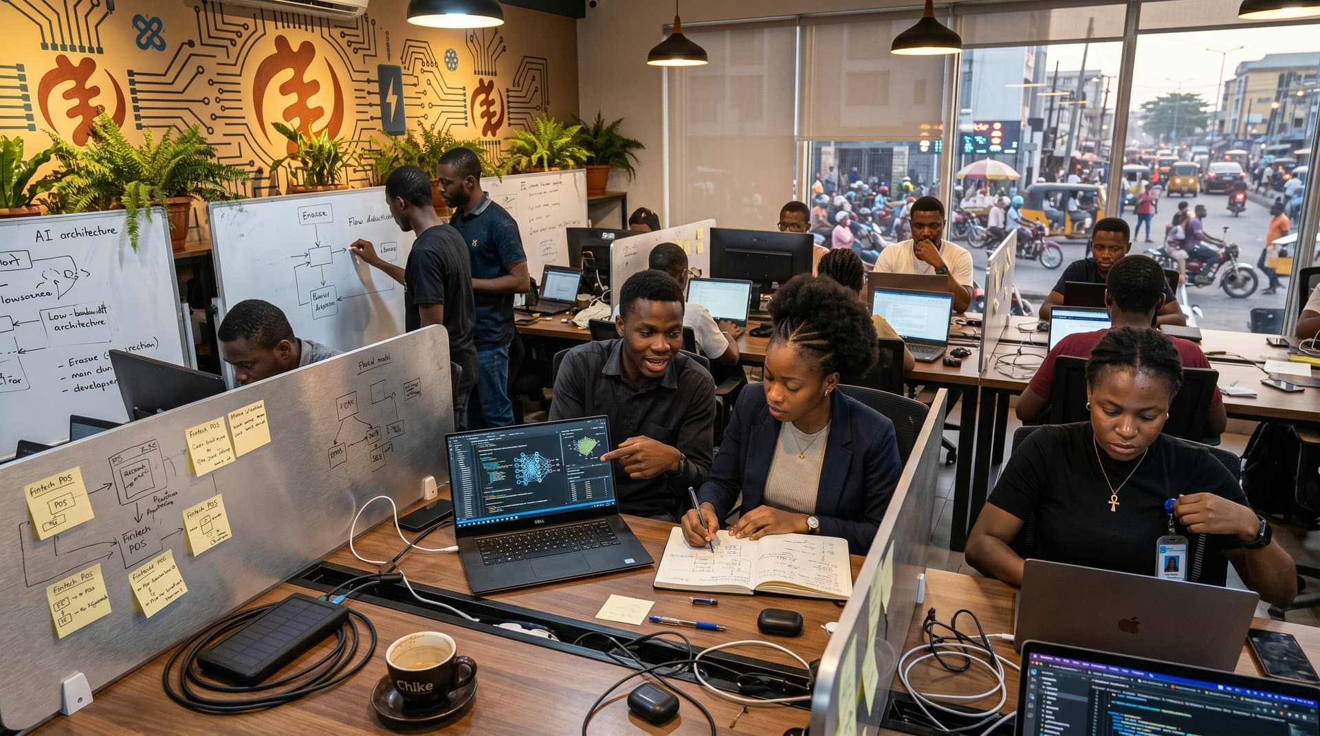 Developers collaborate on ethical AI gadgets in a Lagos tech hub with solar chargers, laptops, and innovation murals