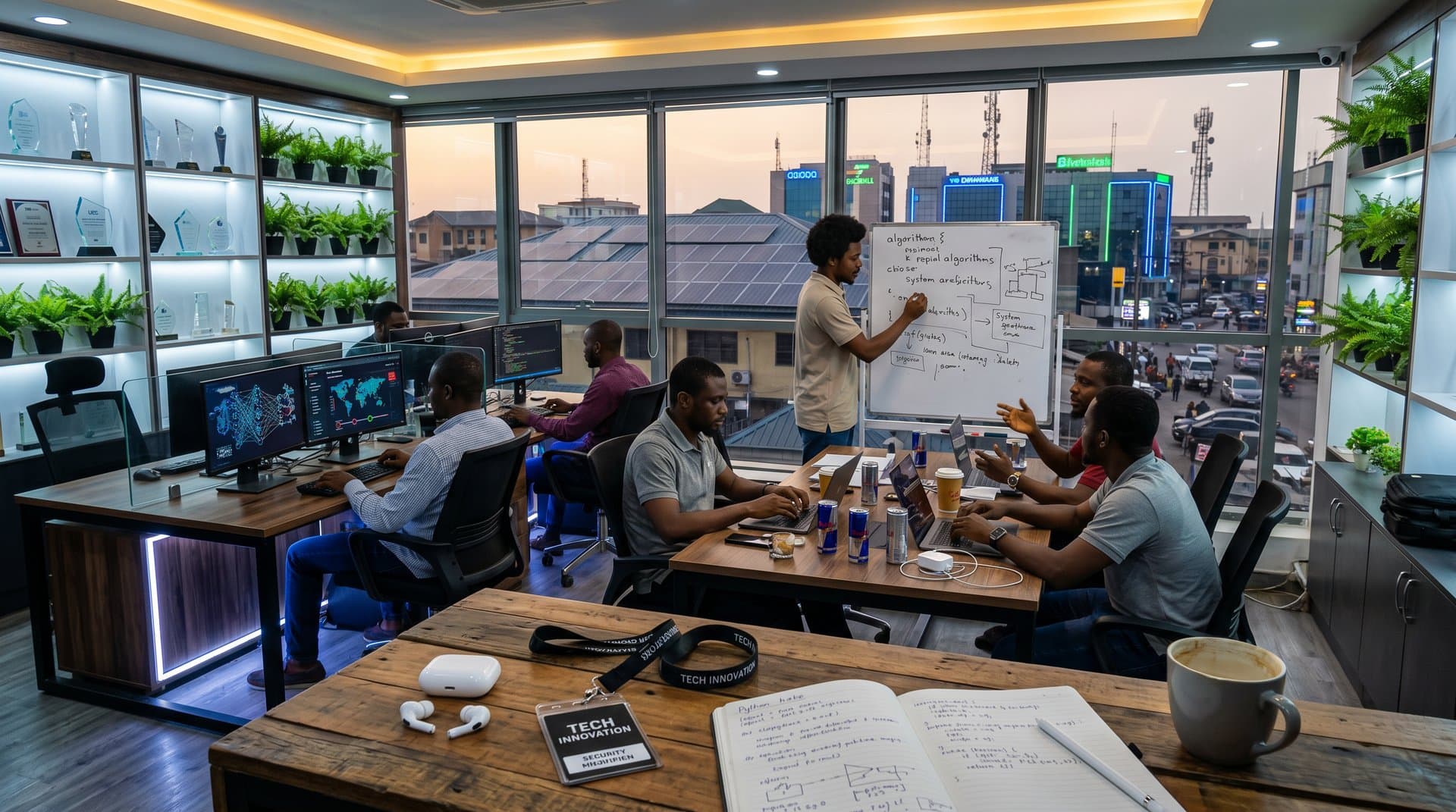 Lagos tech hub with AI cybersecurity dashboards and developers collaborating under neon lights