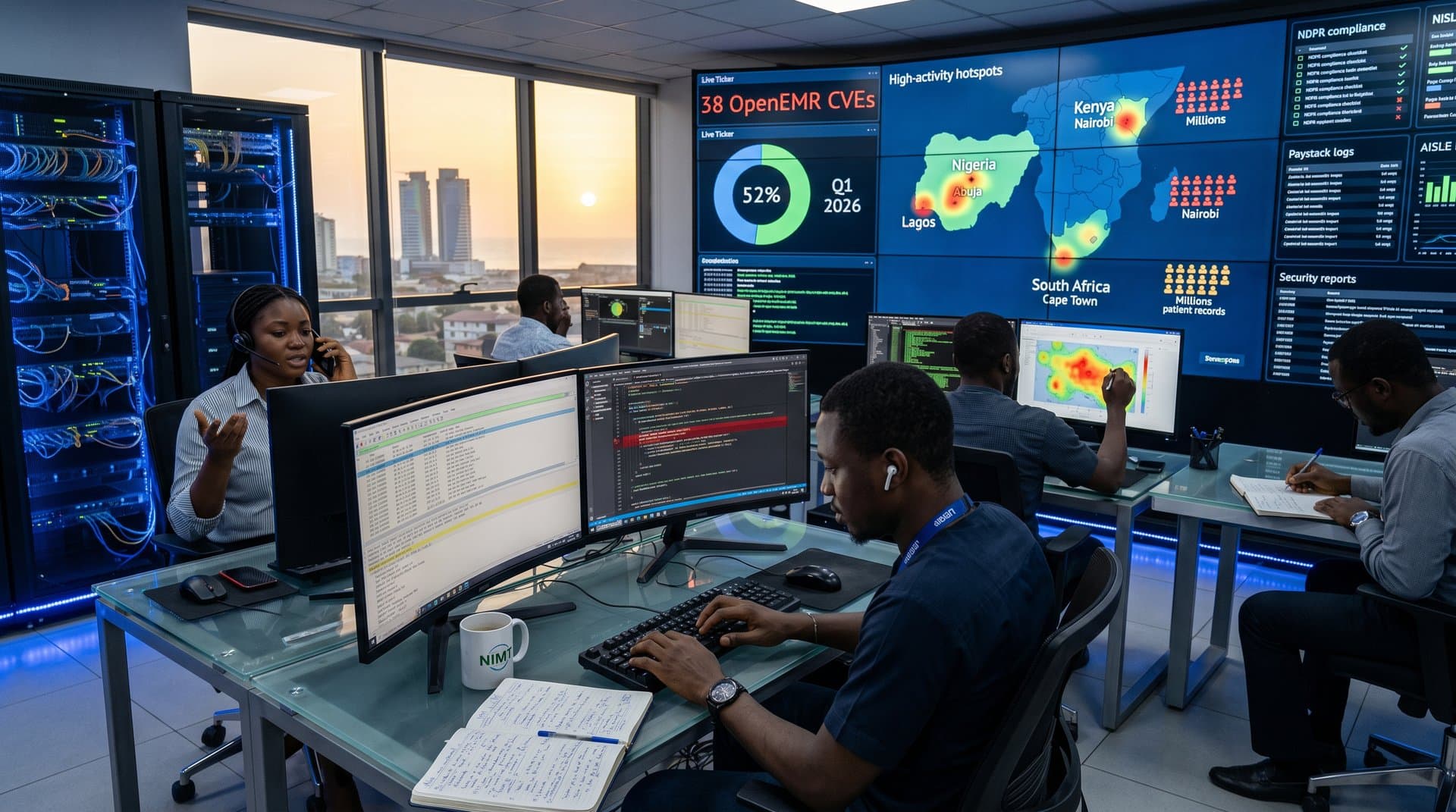 Cybersecurity team monitors OpenEMR CVE threats in Lagos SOC with dashboards and server racks.