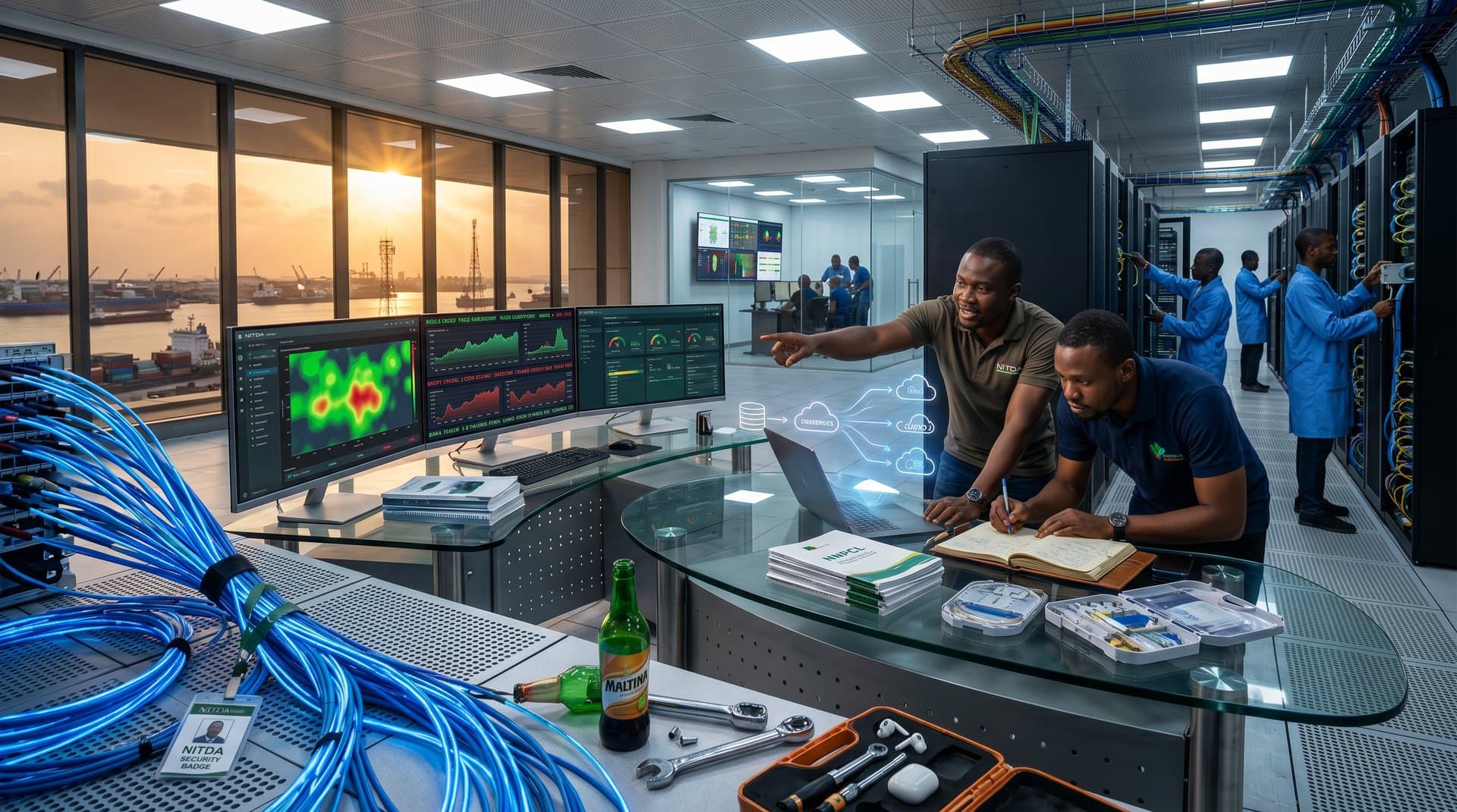 Lagos data center interior showing fiber cables, cloud metrics monitors, oil price charts, and server racks under LED lights