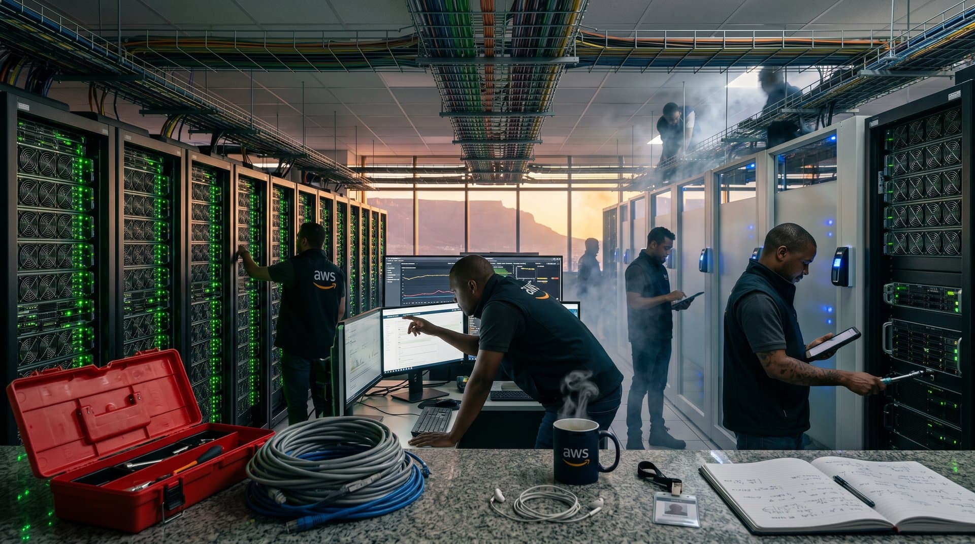 Server racks and dashboards in AWS Cape Town data center highlight Bedrock OpenAI integration for African AI