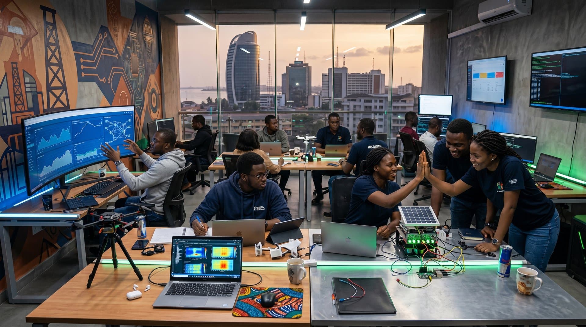 Lagos tech hub buzzing with AI fraud detection screens, solar edge devices, and collaborative Nigerian engineers amid city skyline