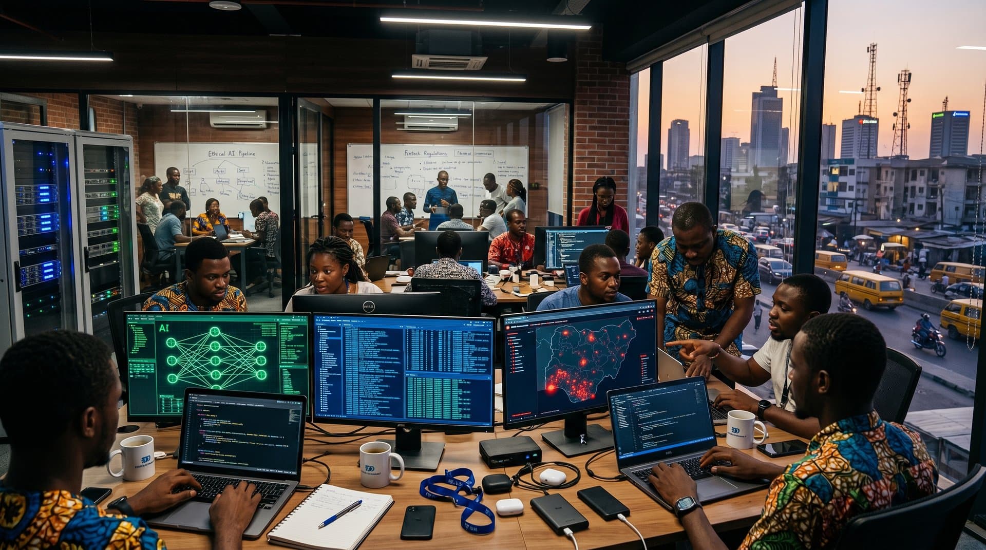 Lagos tech hub with AI cybersecurity screens and neural networks against city skyline