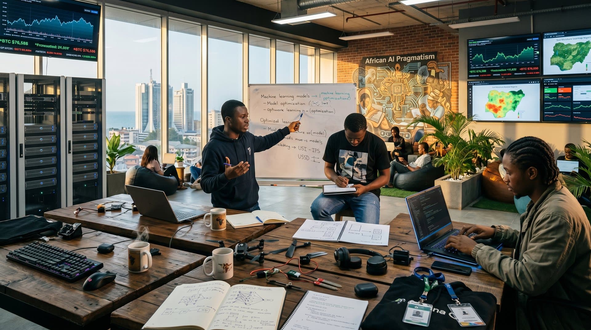 Lagos tech lab with AI dashboards for fintech and agritech, modern collaboration space overlooking city skyline