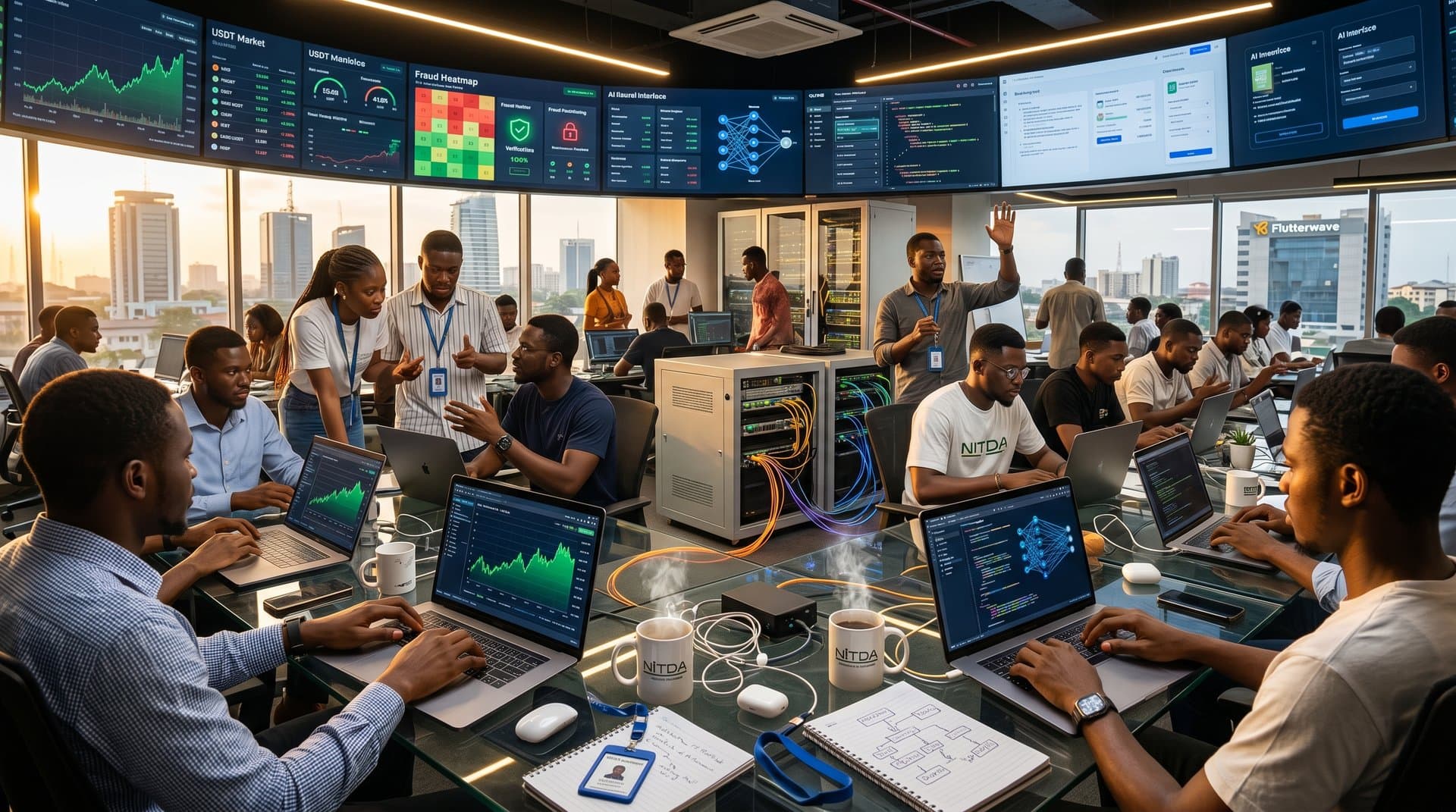 Nigerian developers in Lagos tech hub viewing AI payment analytics on screens amid US-Africa partnership visuals