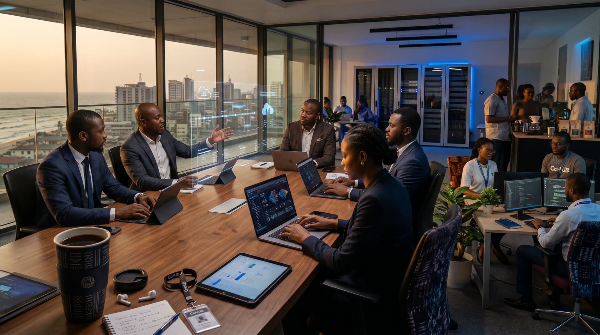 Executives discuss AI dashboards on curved screens in AWS briefing room with glass walls, walnut tables, and Lagos skyline