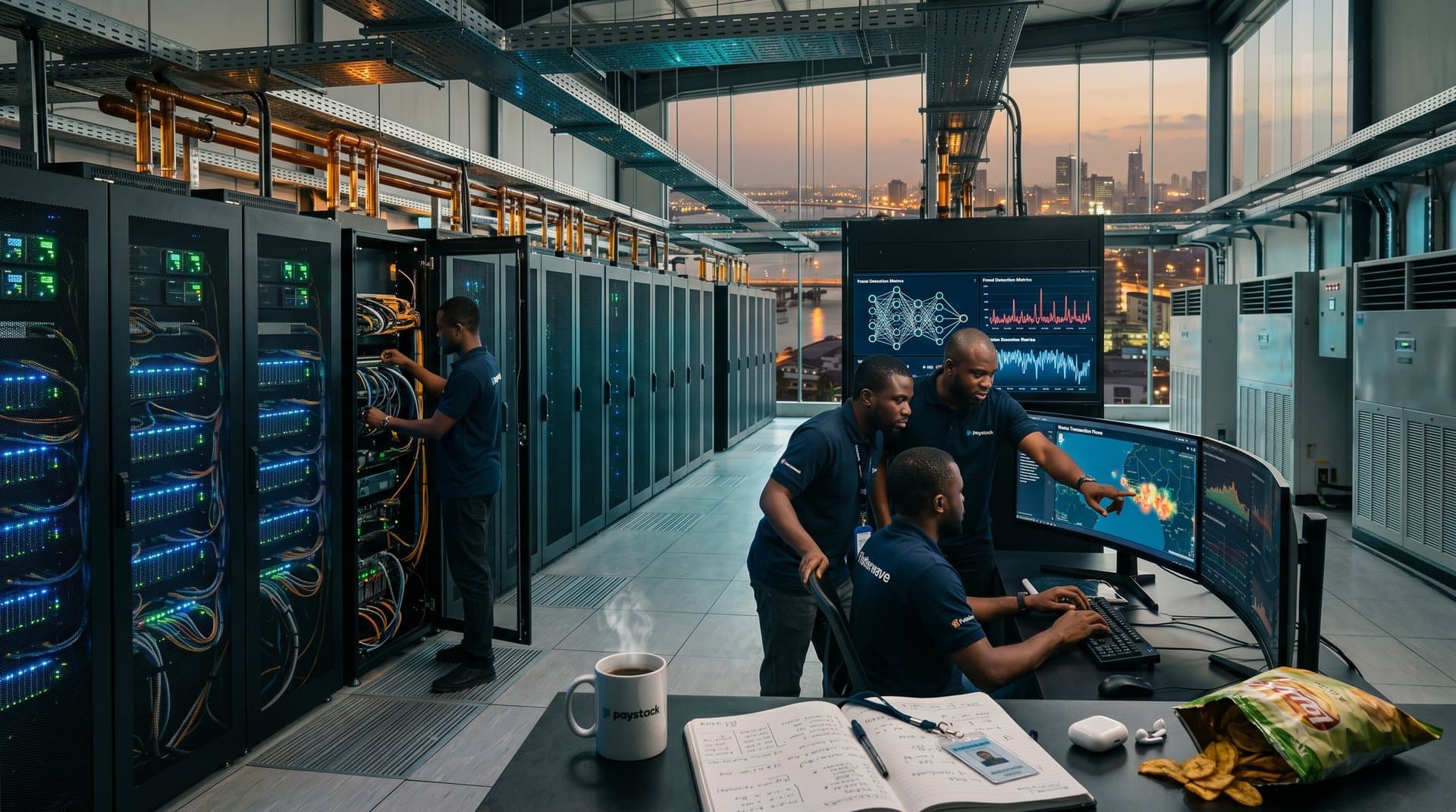 Glowing AI server racks and dashboards in Lagos data center powering Nigeria fintech infrastructure.