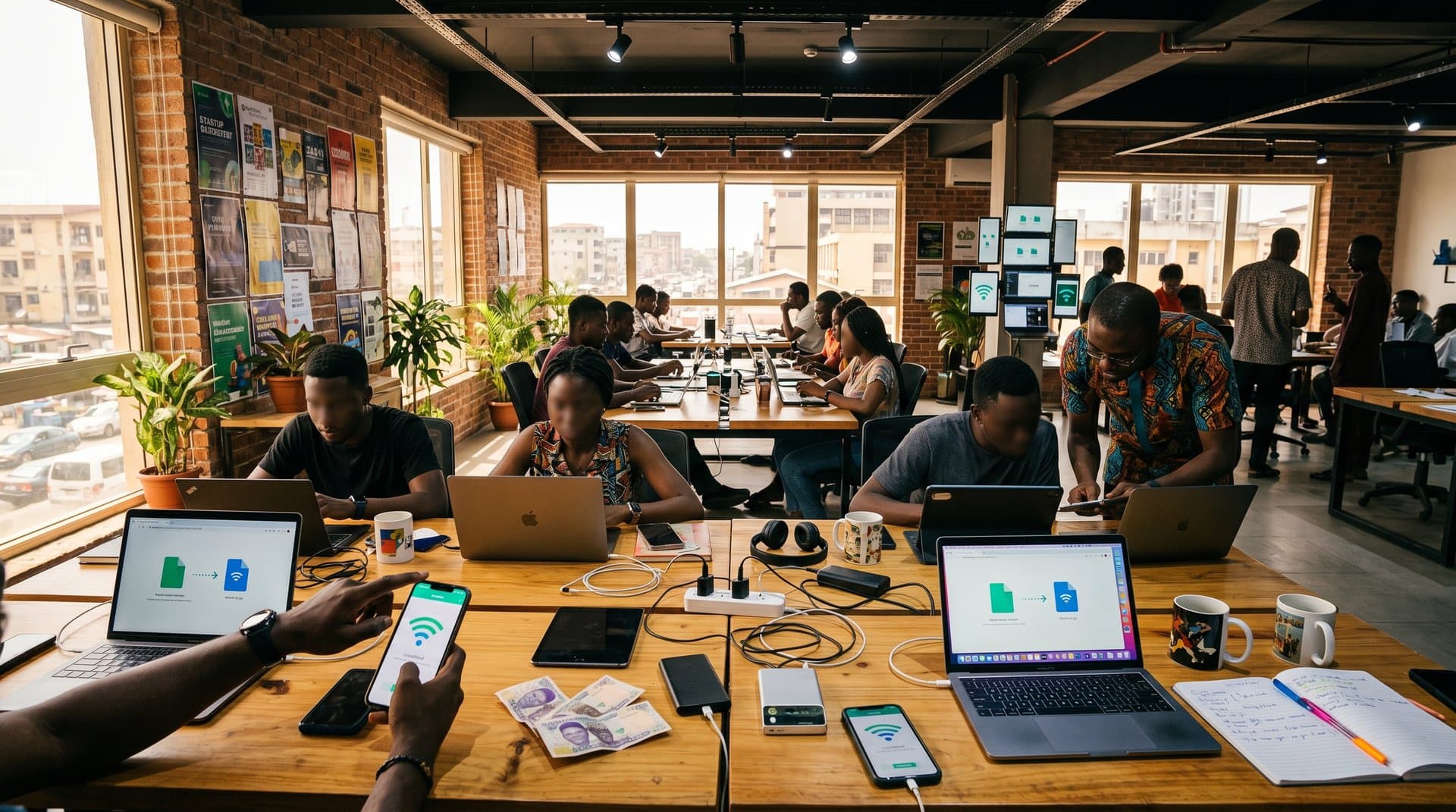 Lagos tech space with devices showing LocalSend file transfers on tables amid power banks and WiFi icons